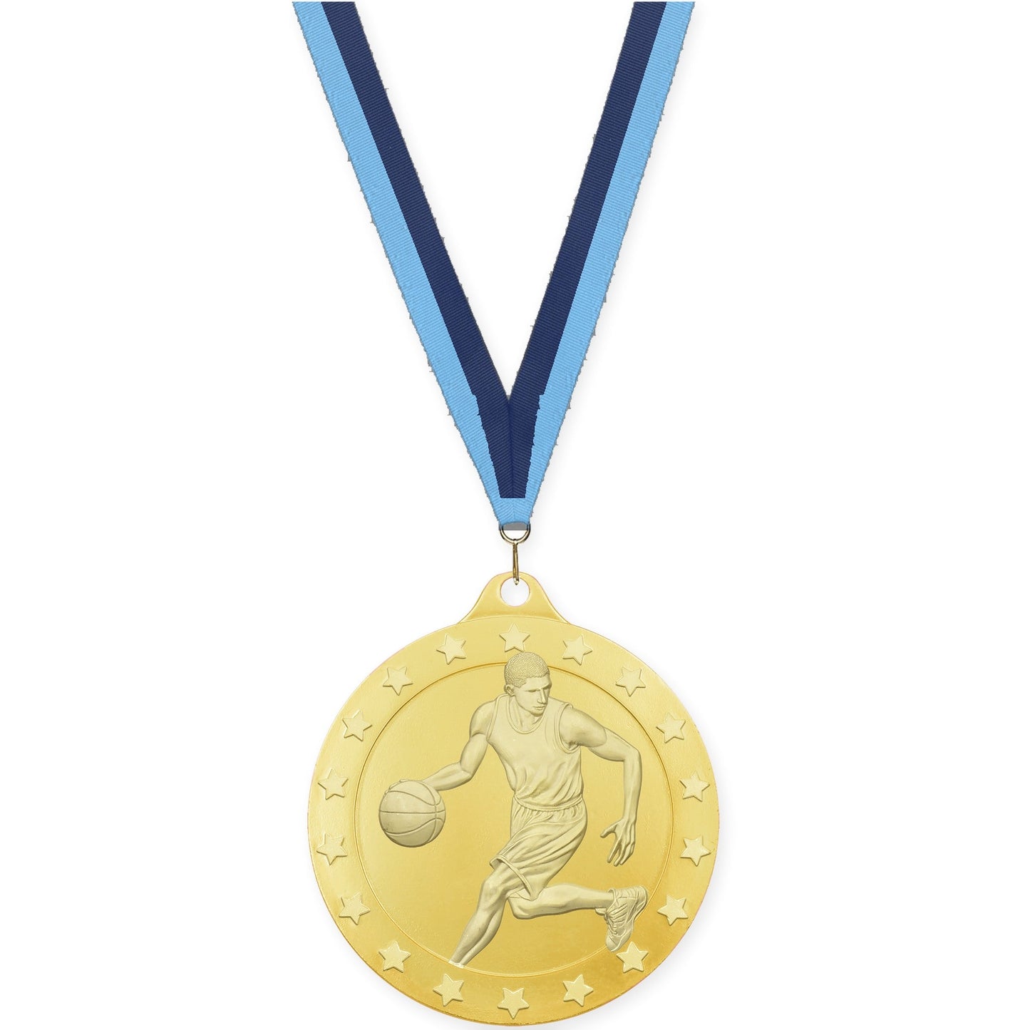 2 inch male basketball Radiance medal in gold with Light Blue Navy neck ribbon