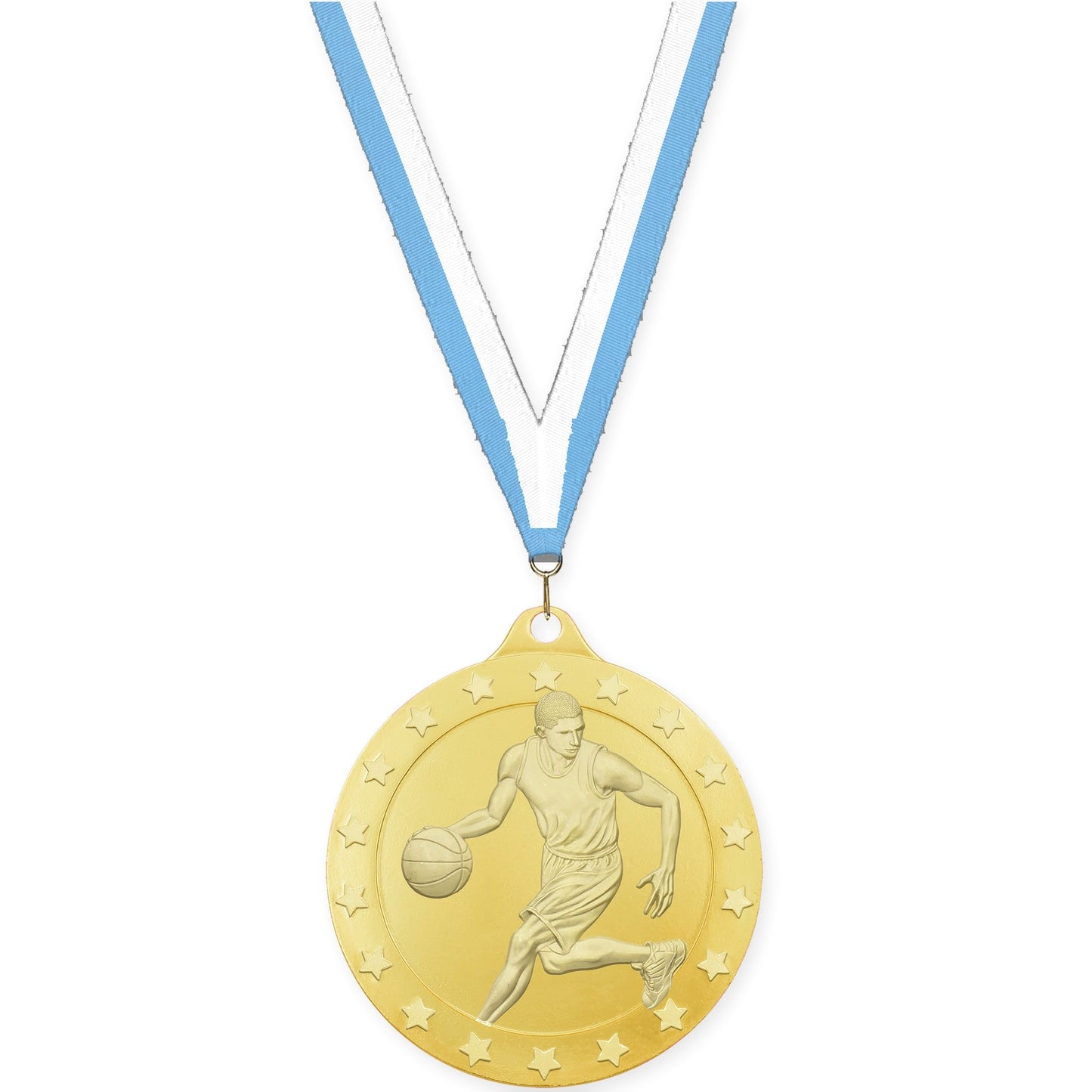 2 inch male basketball Radiance medal in gold with Light Blue White neck ribbon