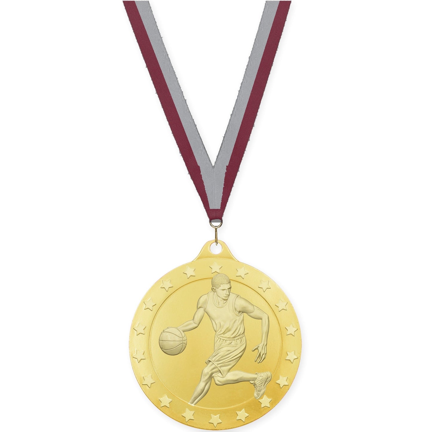 2 inch male basketball Radiance medal in gold with Maroon Gray neck ribbon
