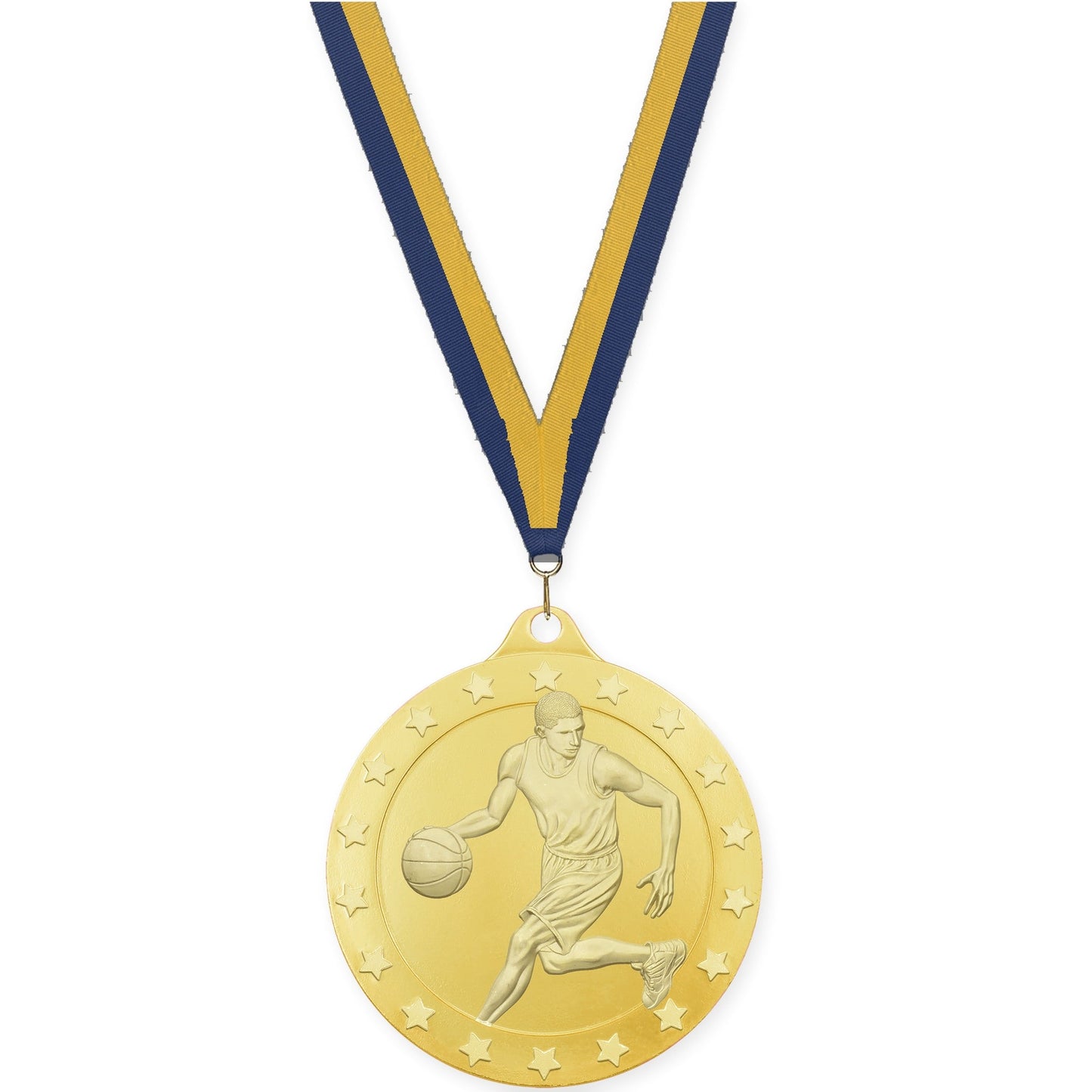 2 inch male basketball Radiance medal in gold with Navy Gold neck ribbon