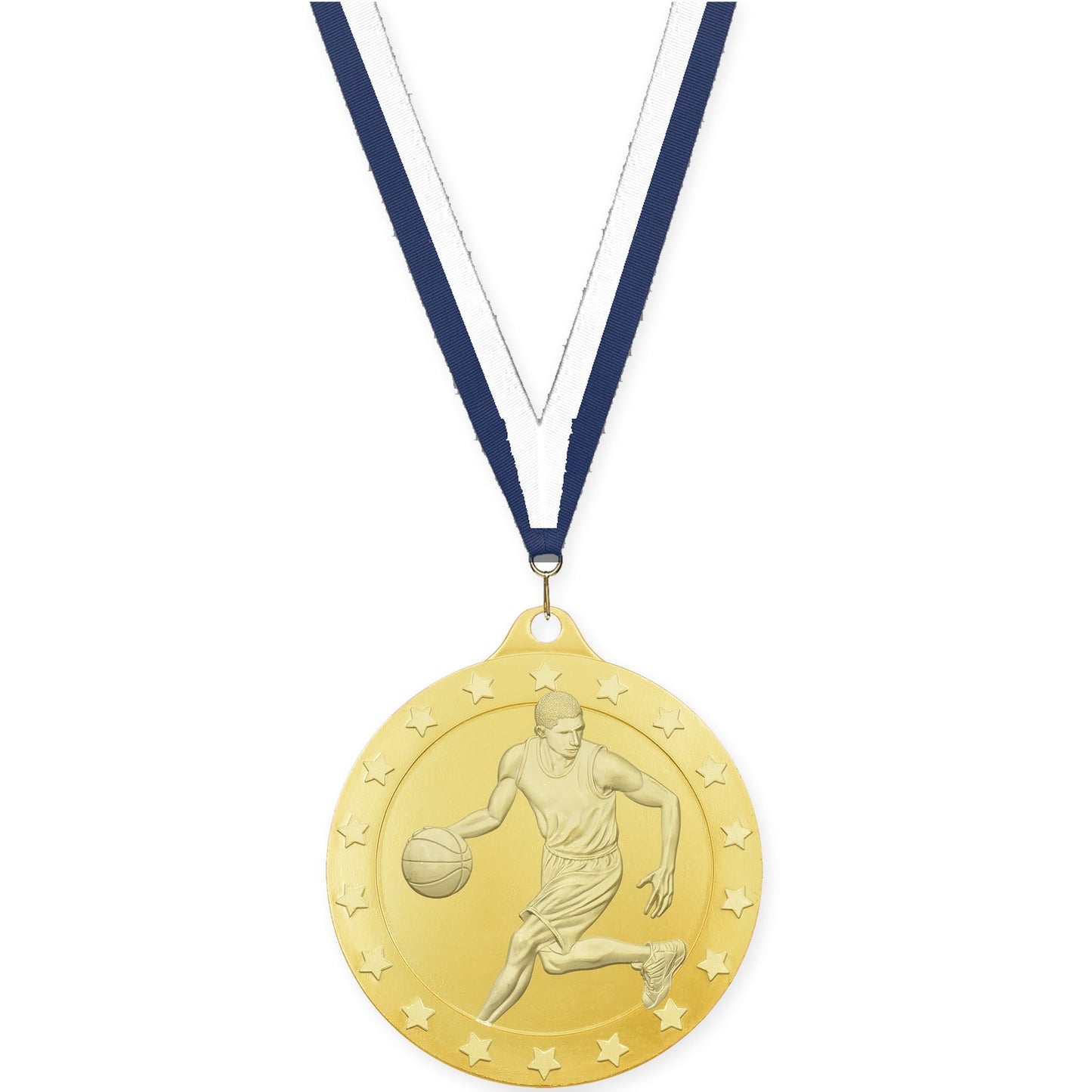 2 inch male basketball Radiance medal in gold with Navy White neck ribbon