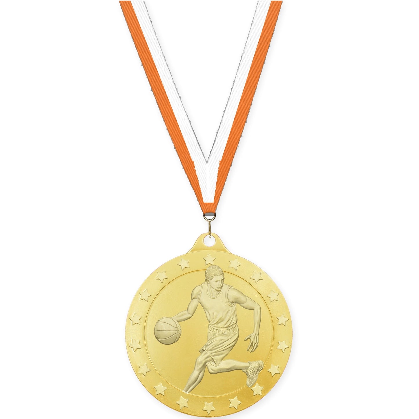 2 inch male basketball Radiance medal in gold with Orange White neck ribbon