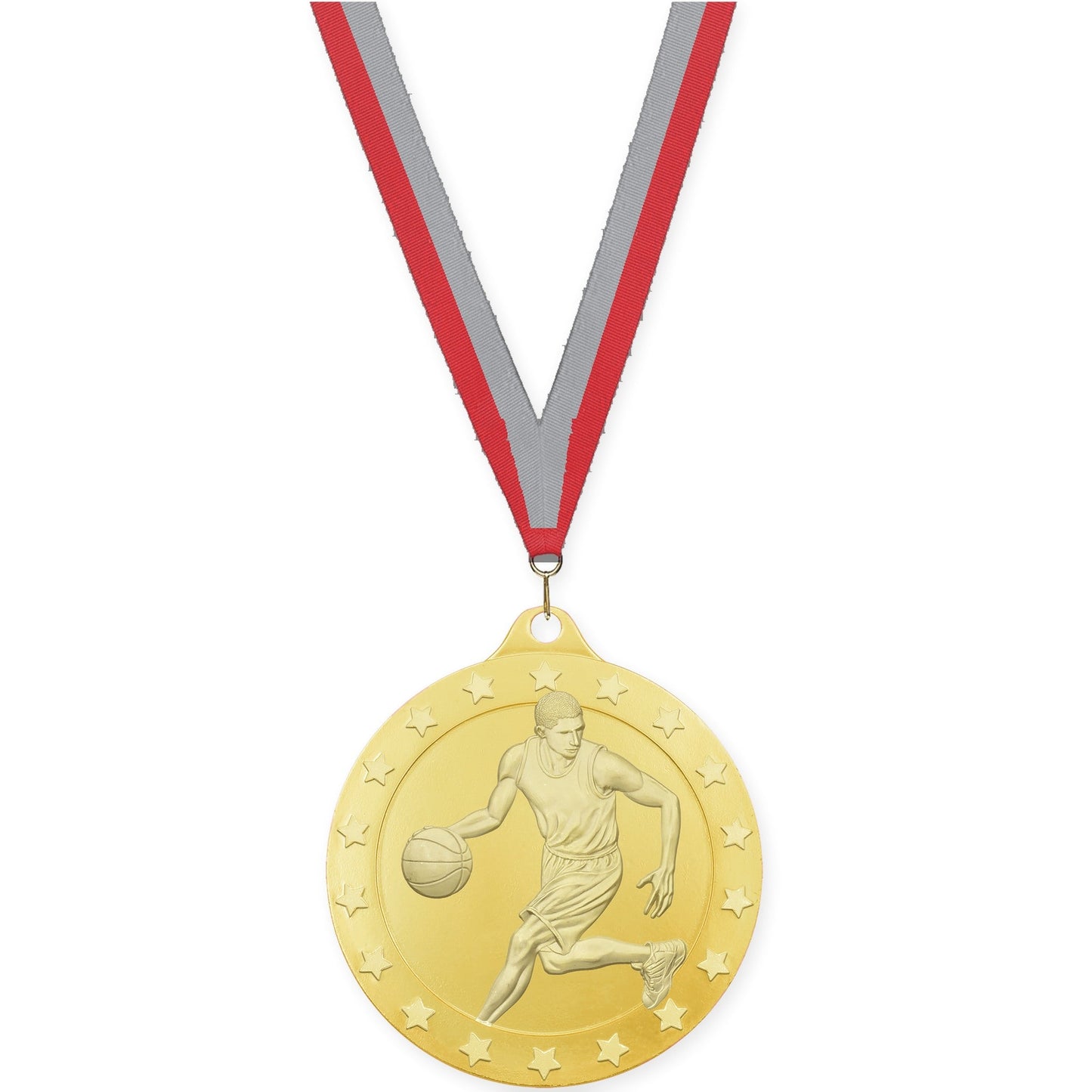 2 inch male basketball Radiance medal in gold with Red Gray neck ribbon