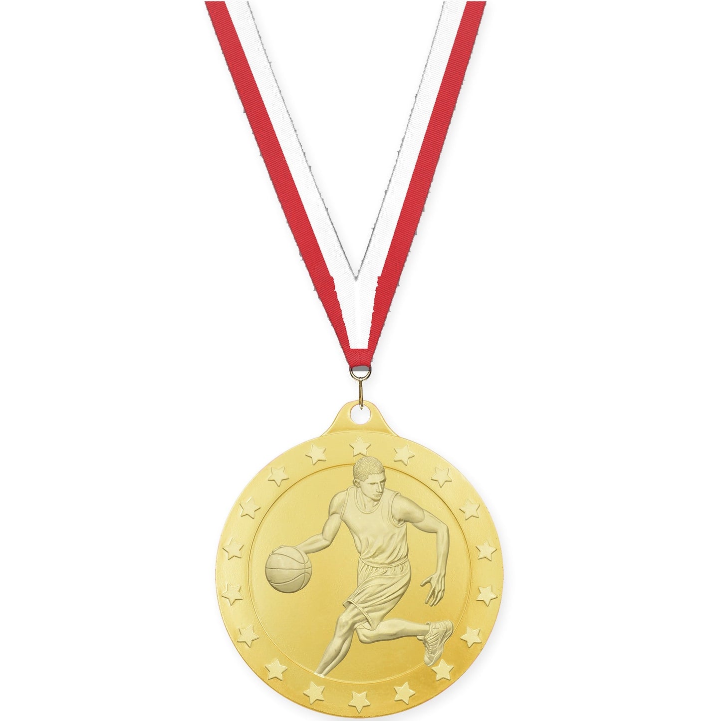 2 inch male basketball Radiance medal in gold with Red White neck ribbon