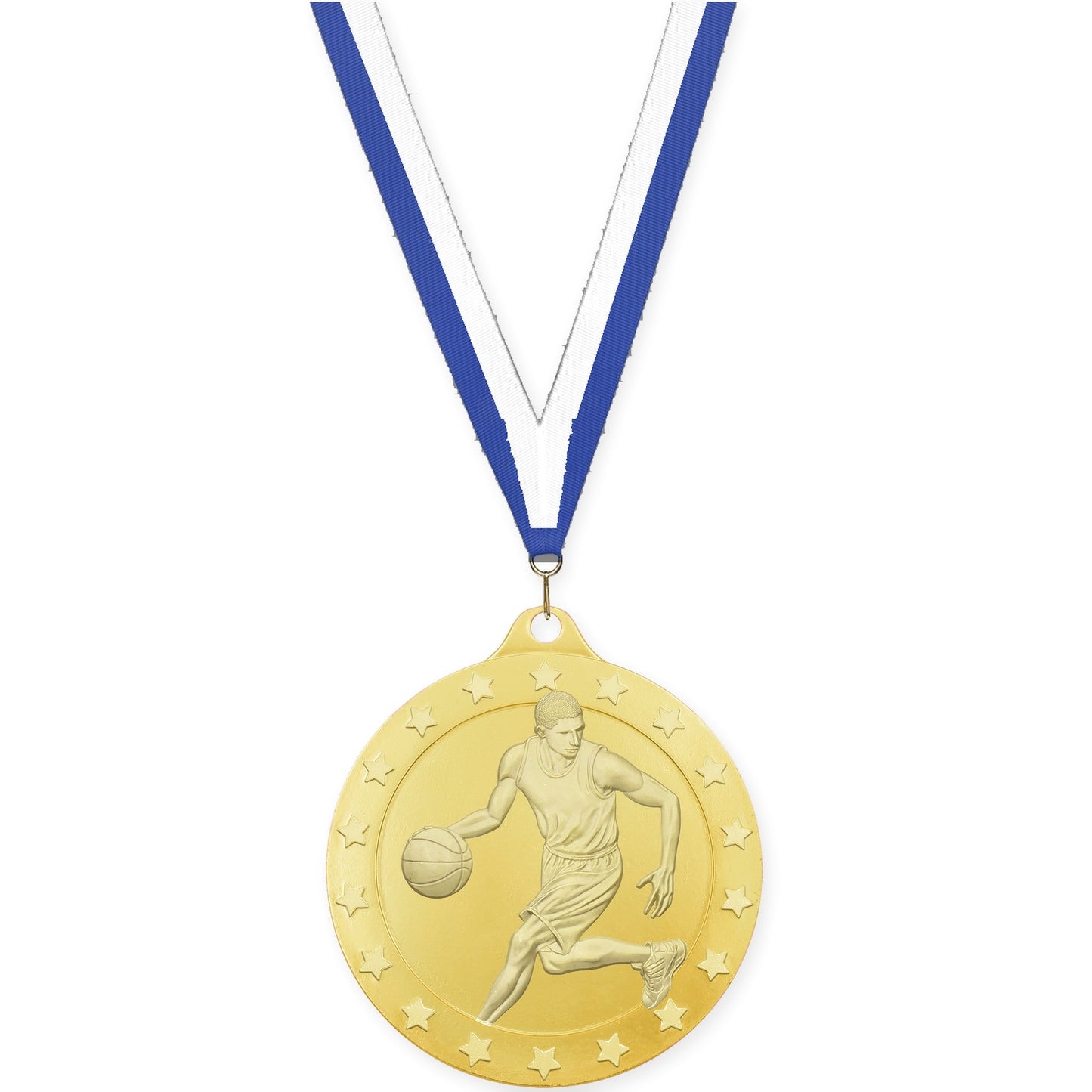 2 inch male basketball Radiance medal in gold with Blue White neck ribbon