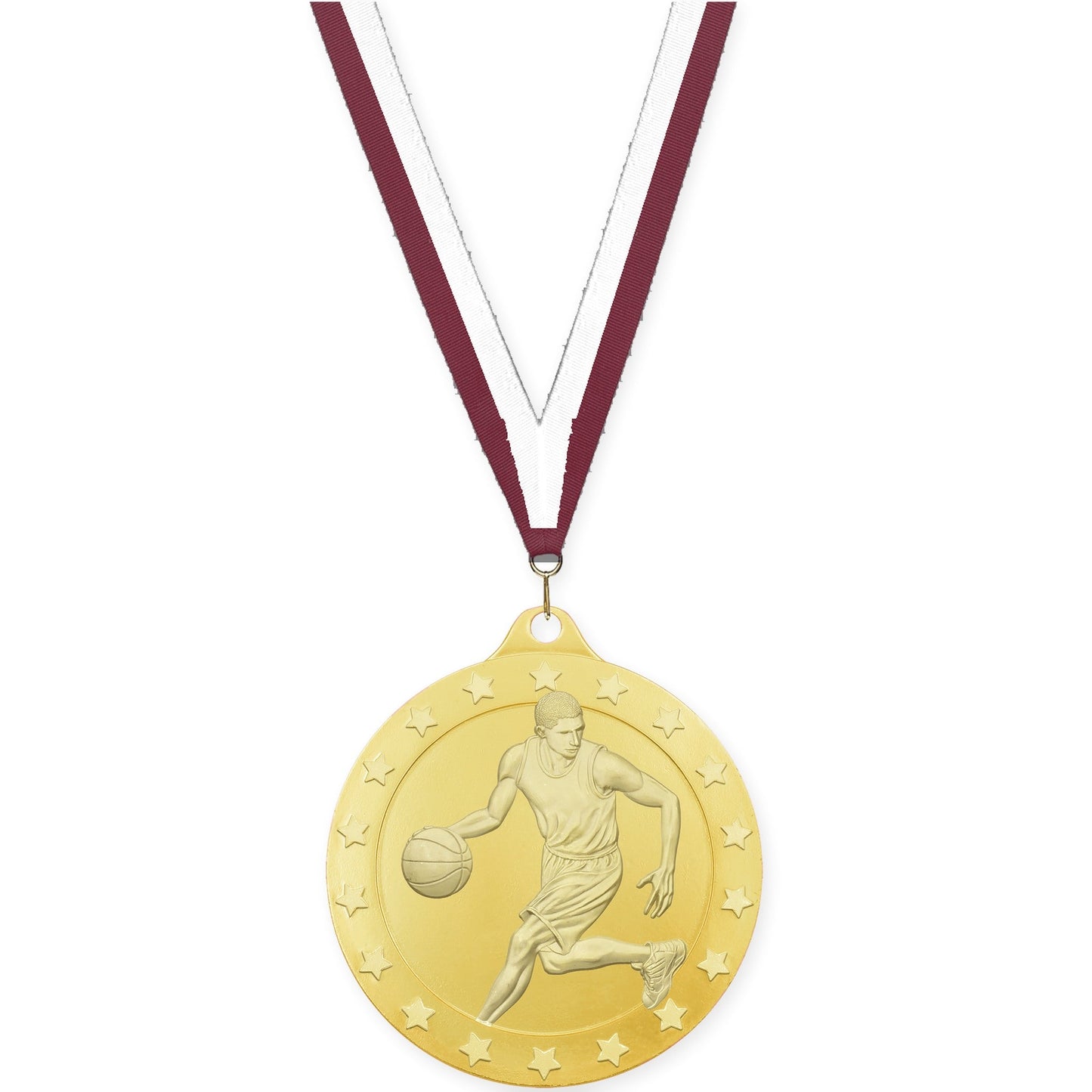 2 inch male basketball Radiance medal in gold with Maroon White neck ribbon