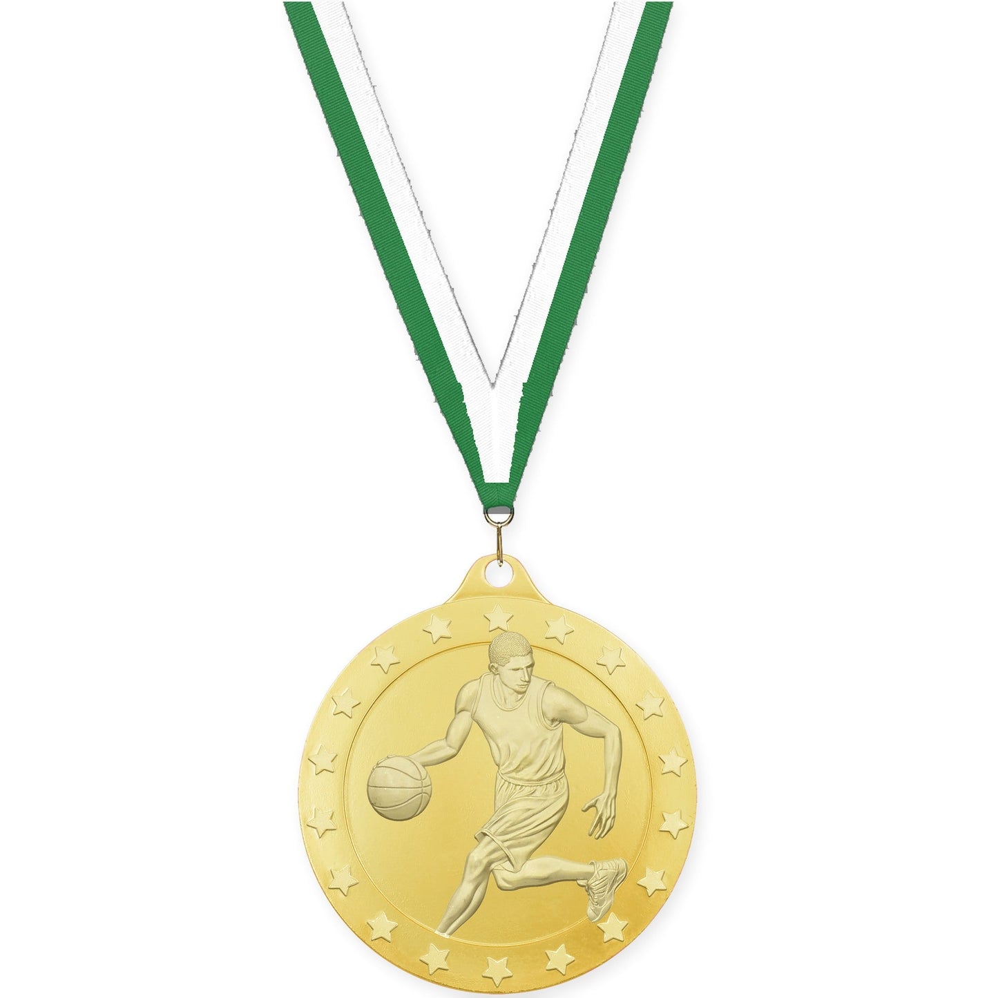 2 inch male basketball Radiance medal in gold with Green White neck ribbon