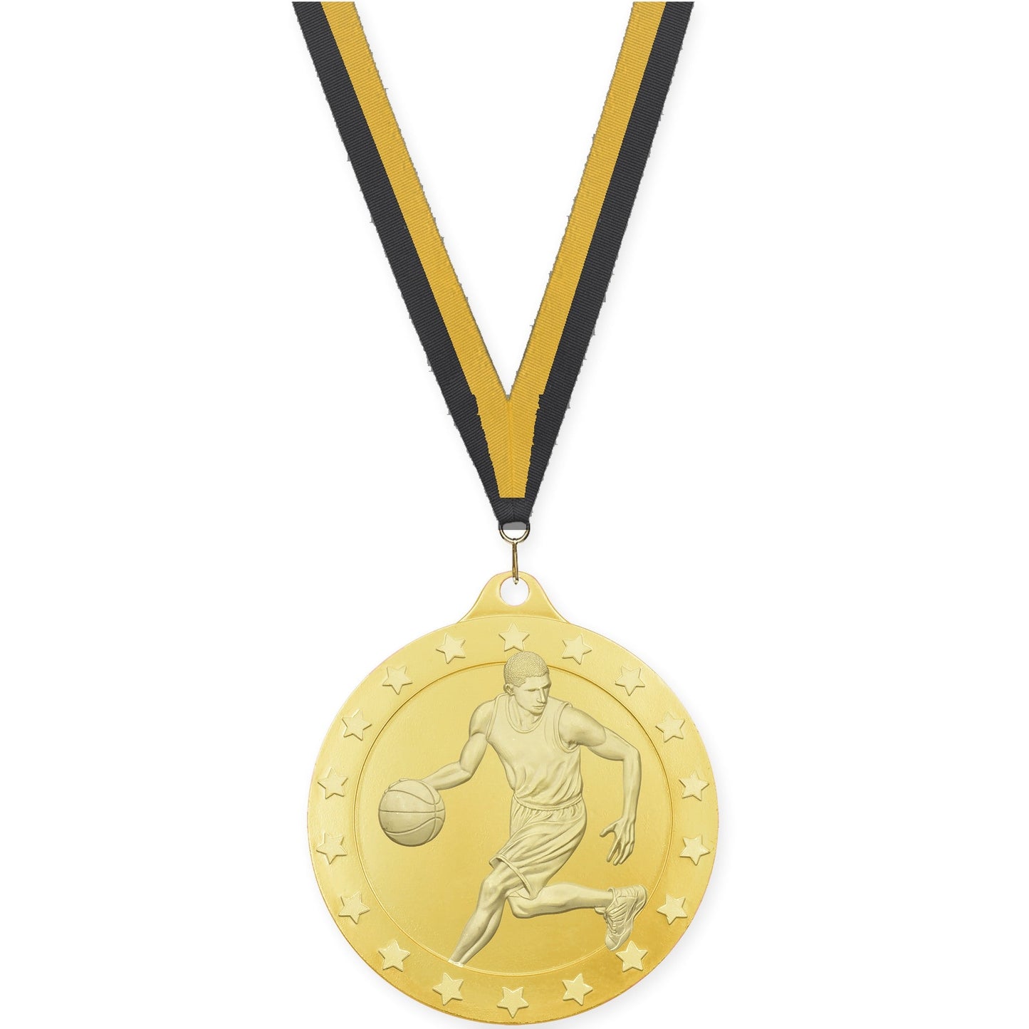 2 inch male basketball Radiance medal in gold with Black Gold neck ribbon