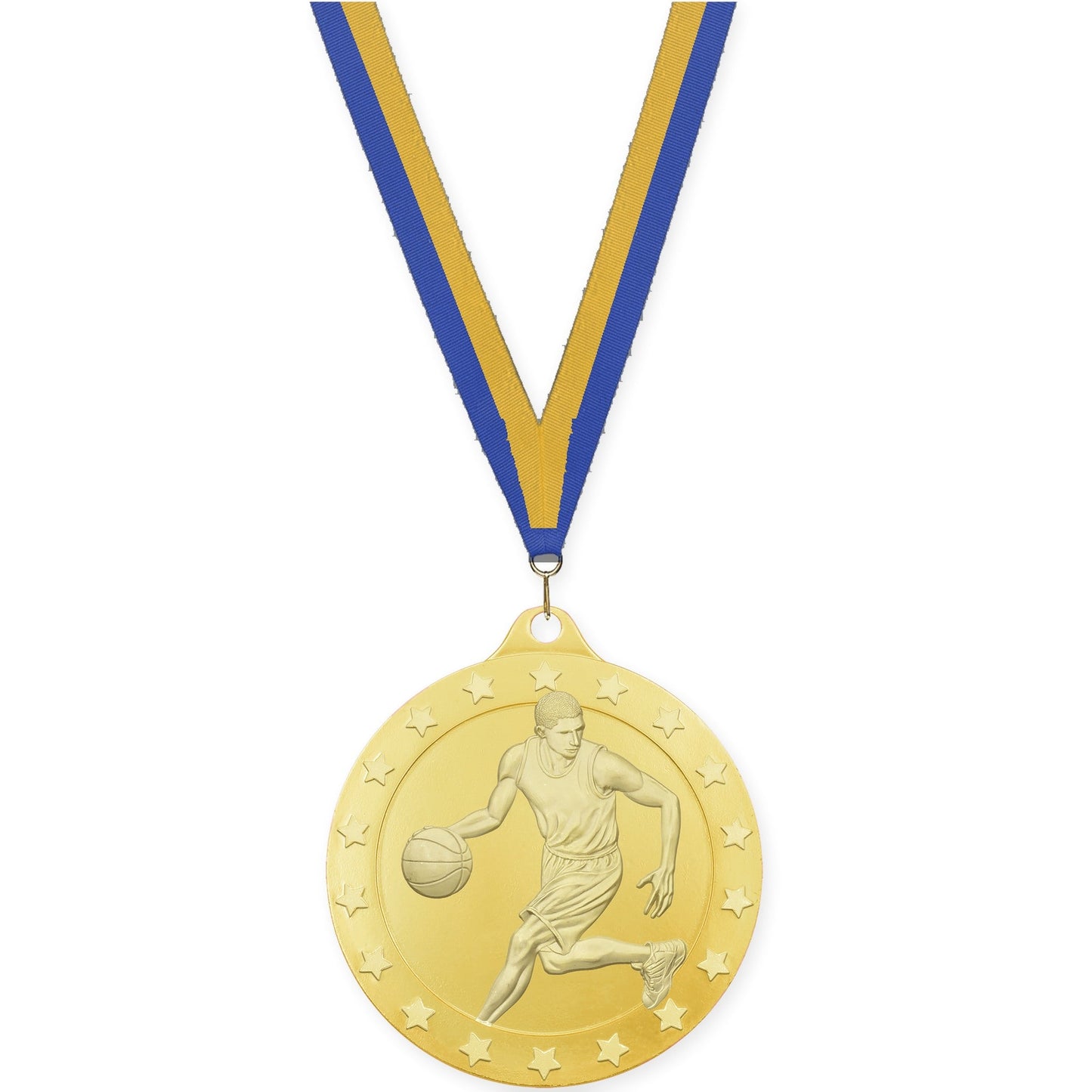 2 inch male basketball Radiance medal in gold with Blue Gold neck ribbon