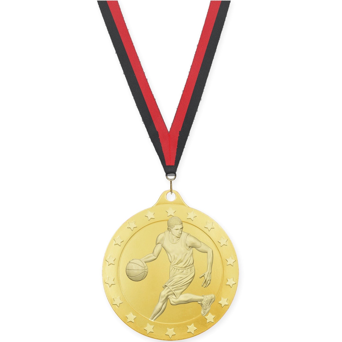 2 inch male basketball Radiance medal in gold with Black Red neck ribbon
