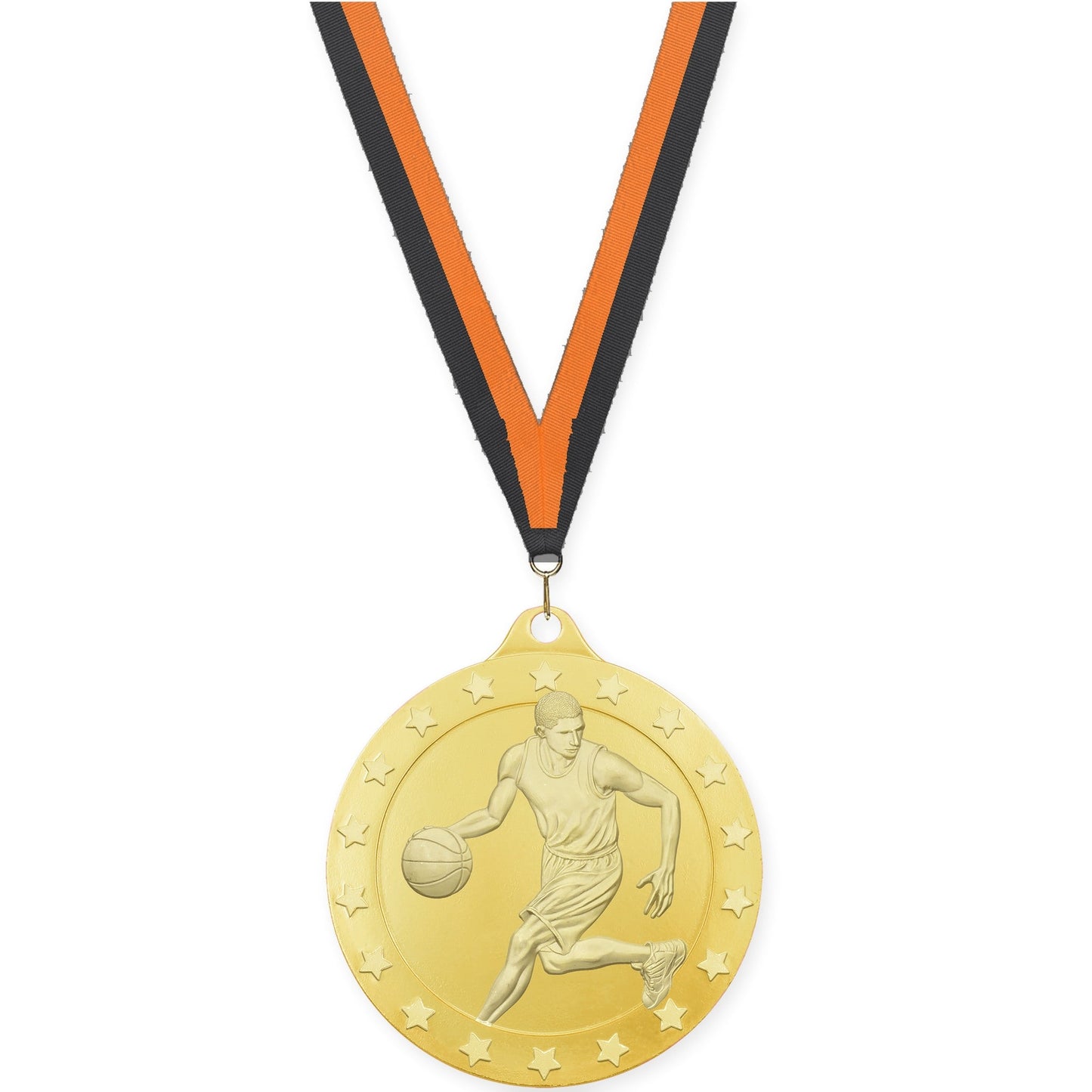 2 inch male basketball Radiance medal in gold with Black Orange neck ribbon