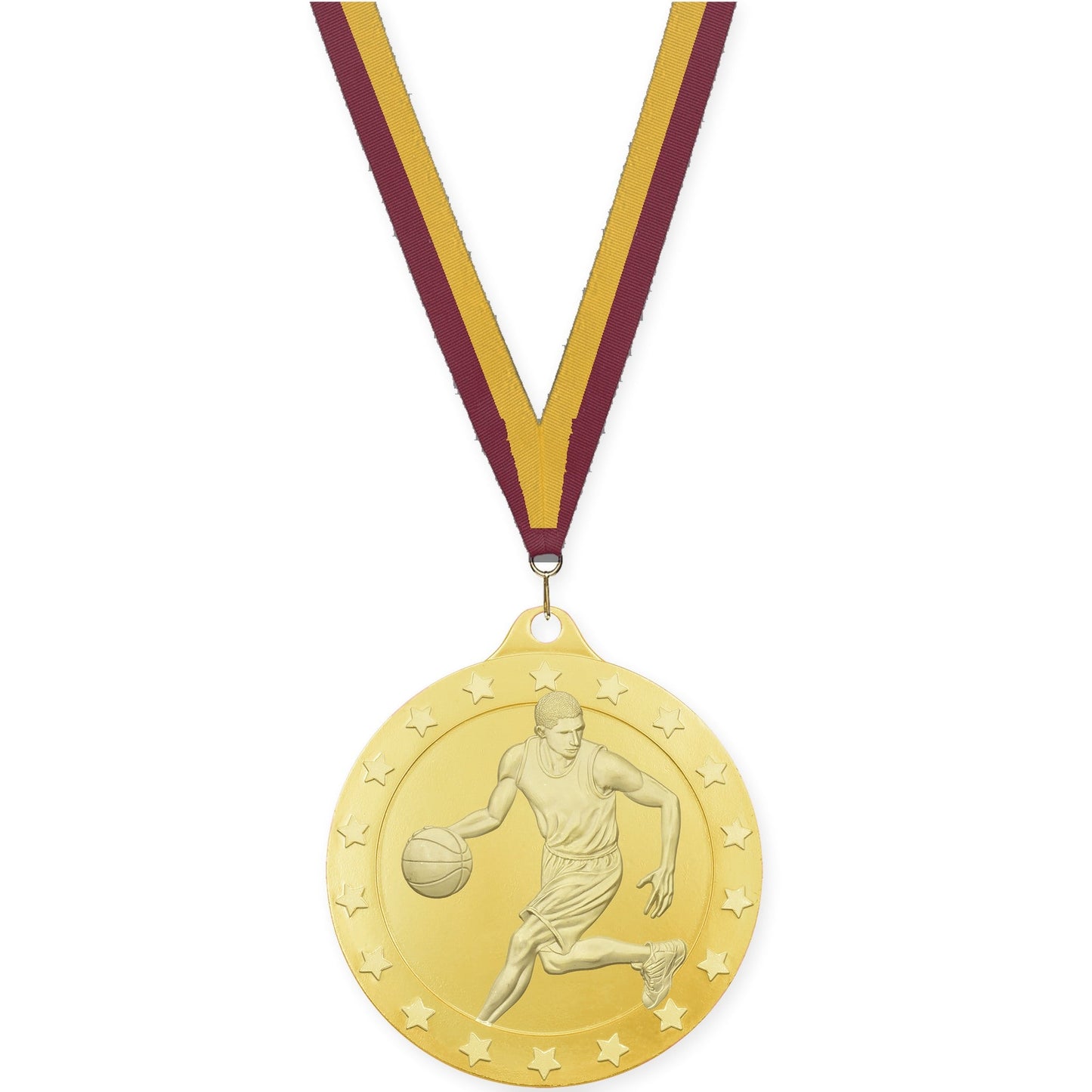 2 inch male basketball Radiance medal in gold with Maroon Gold neck ribbon