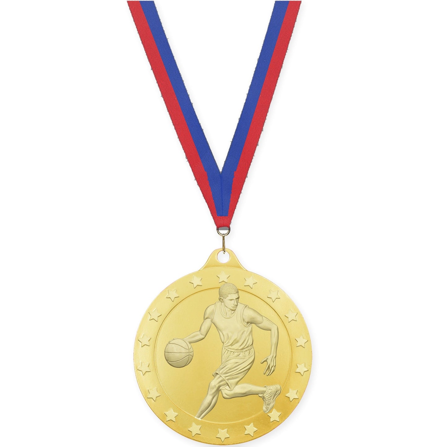 2 inch male basketball Radiance medal in gold with Blue Red neck ribbon