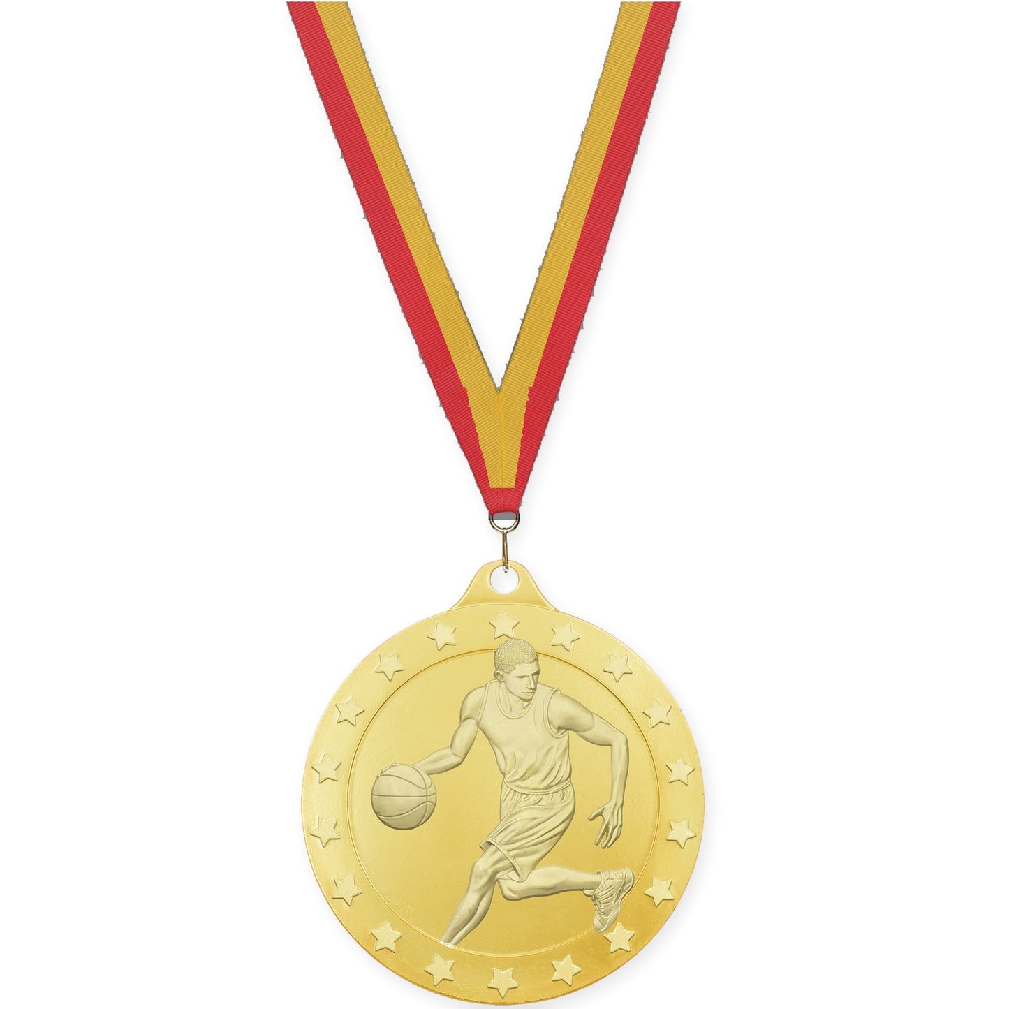 2 inch male basketball Radiance medal in gold with Red Gold neck ribbon