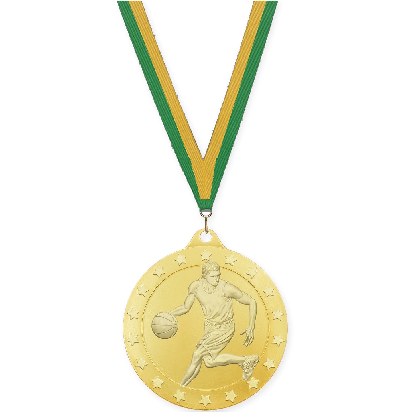 2 inch male basketball Radiance medal in gold with Green Gold neck ribbon