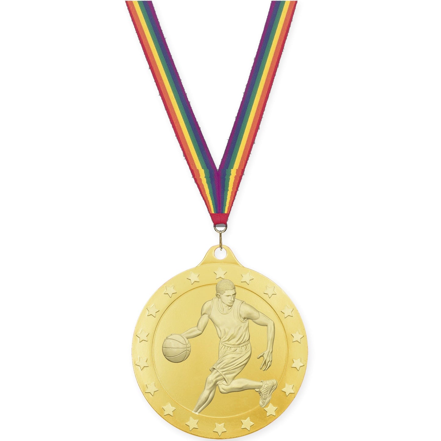 2 inch male basketball Radiance medal in gold with Rainbow neck ribbon