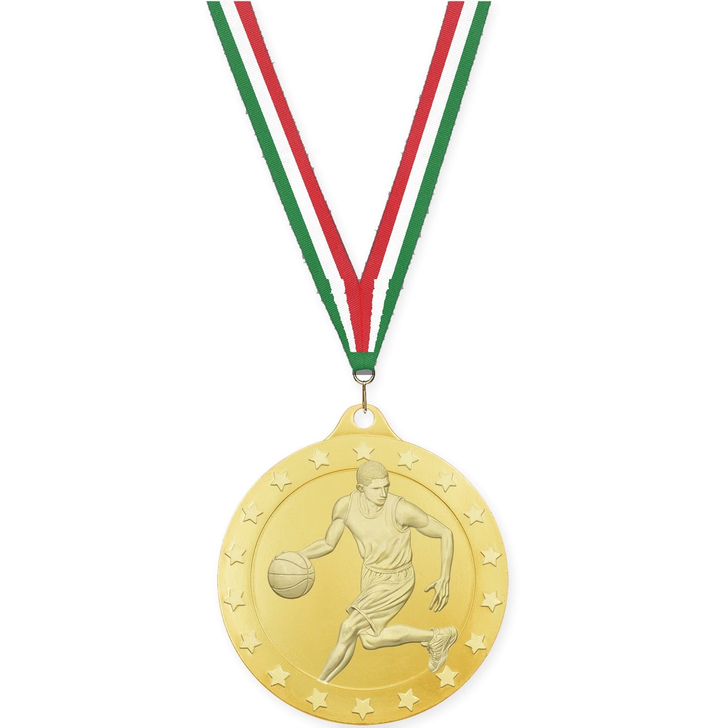 2 inch male basketball Radiance medal in gold with Green White Red neck ribbon