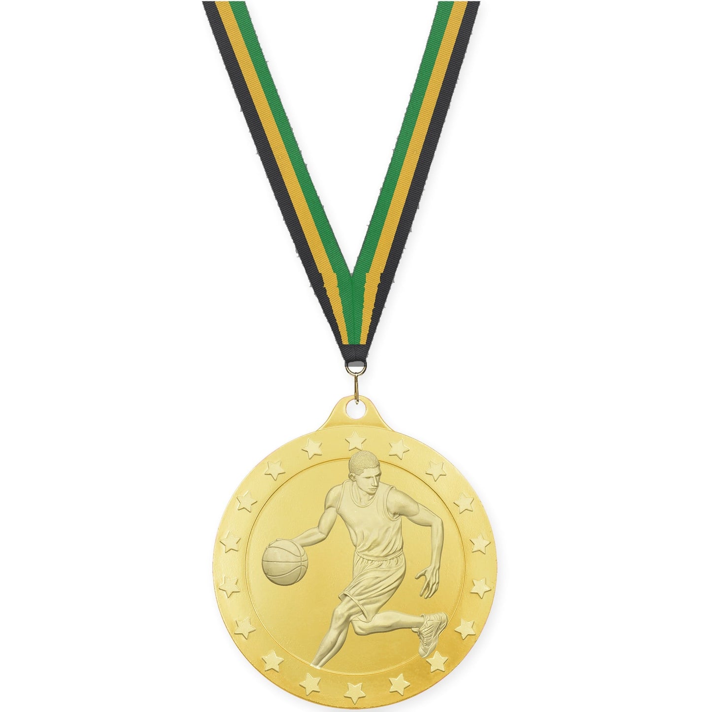 2 inch male basketball Radiance medal in gold with Black Gold Green neck ribbon