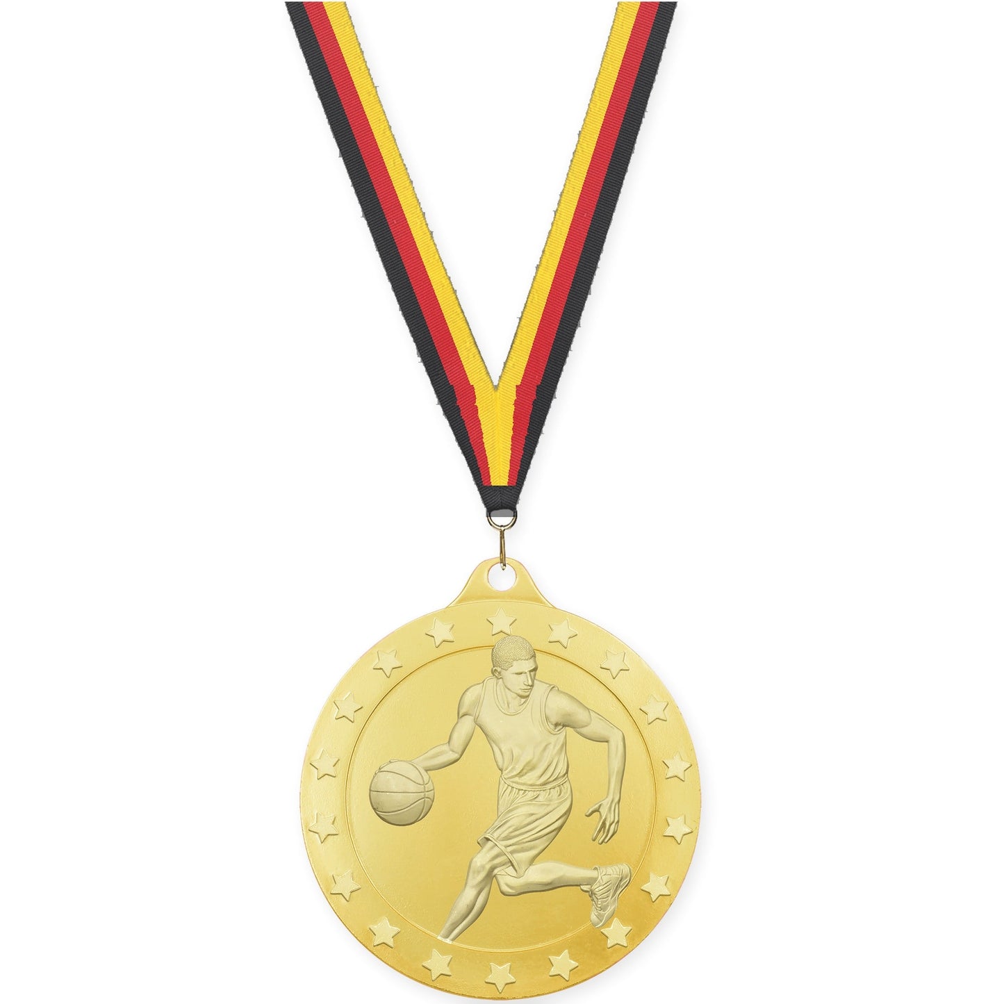 2 inch male basketball Radiance medal in gold with Black Red Yellow neck ribbon
