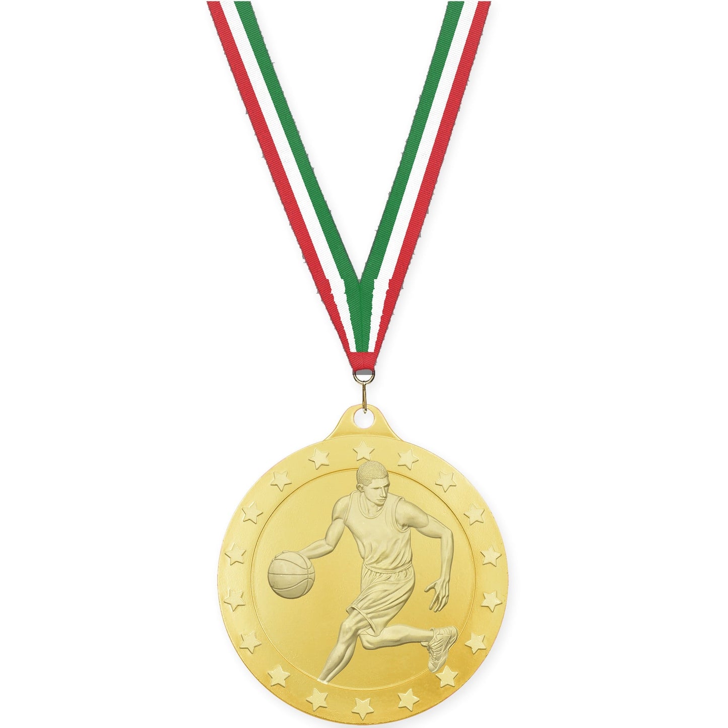 2 inch male basketball Radiance medal in gold with Red White Green neck ribbon