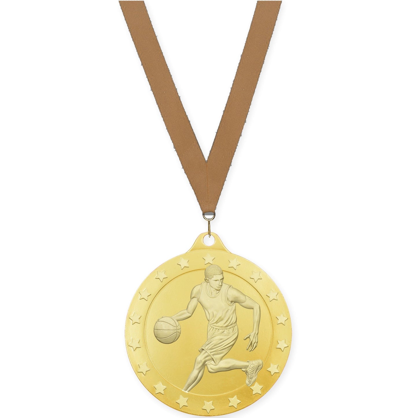 2 inch male basketball Radiance medal in gold with Bronze Metallic neck ribbon