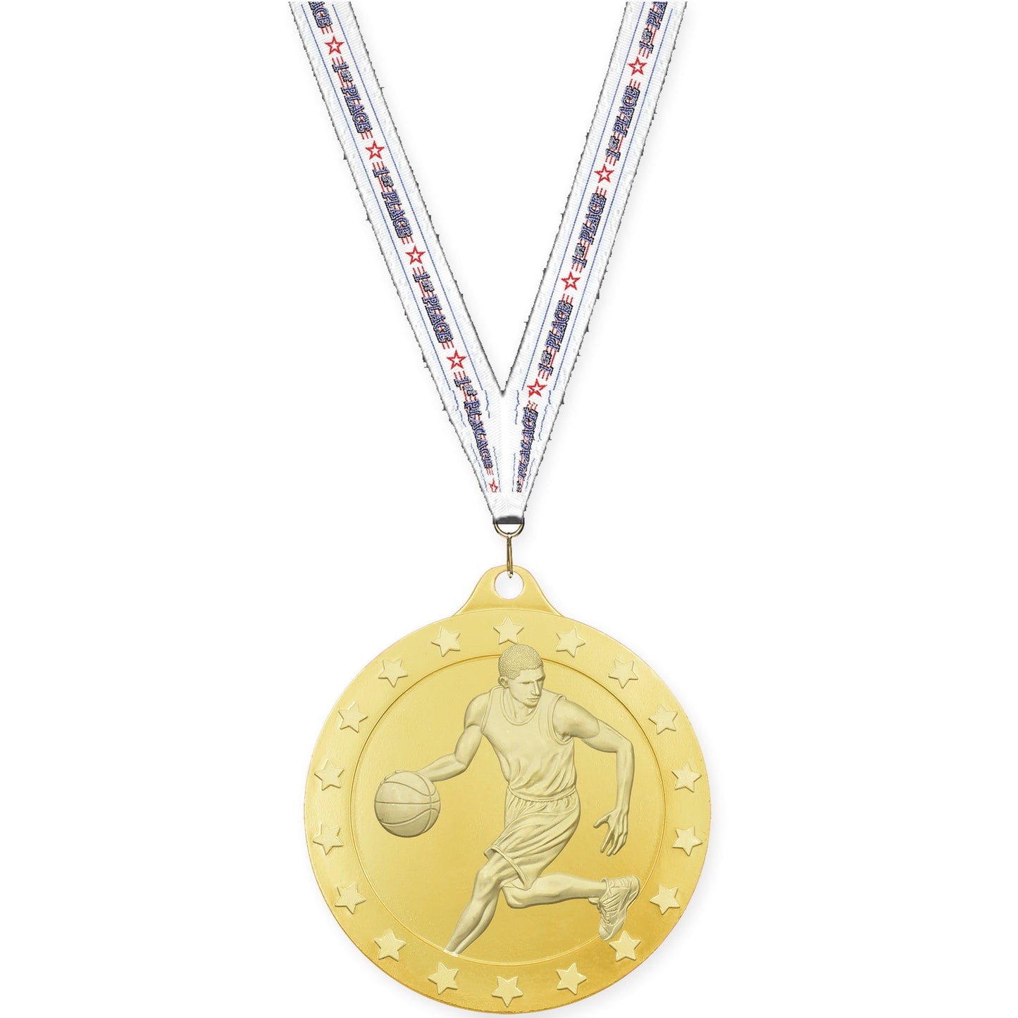 2 inch male basketball Radiance medal in gold with 1st Place neck ribbon