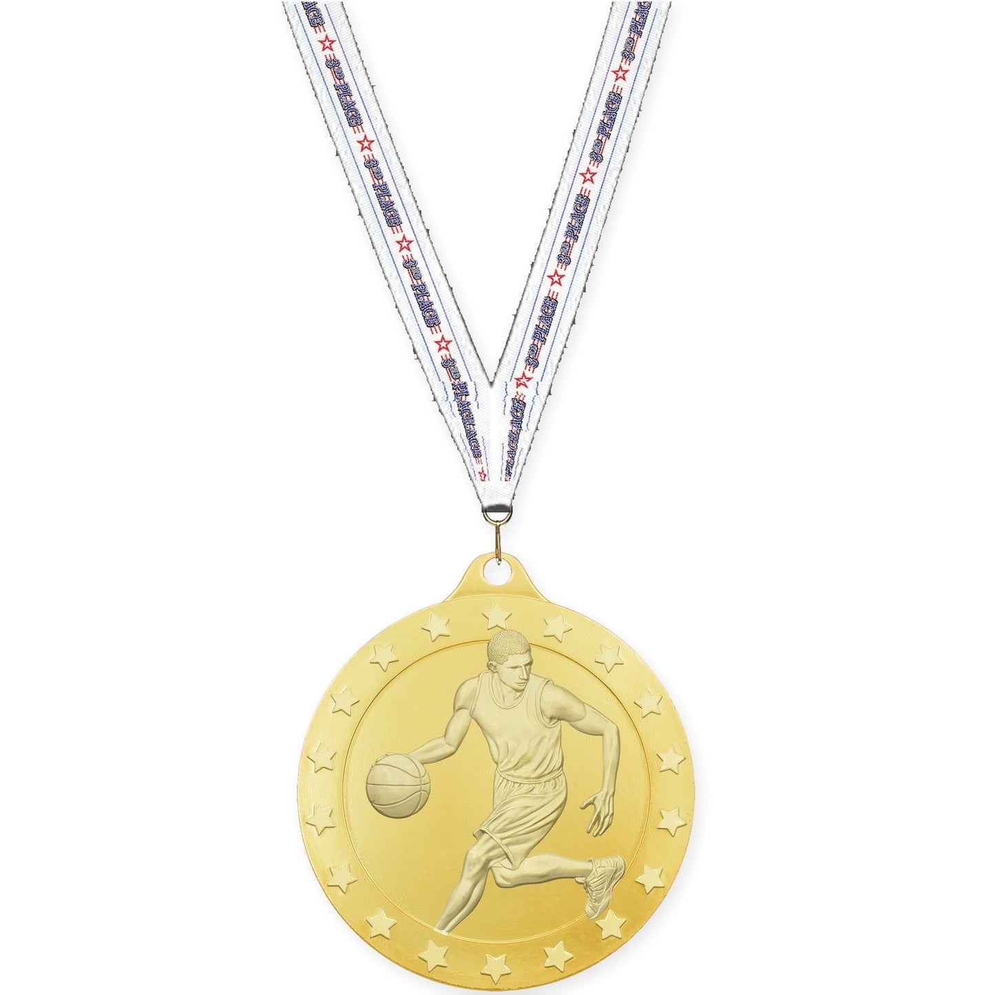 2 inch male basketball Radiance medal in gold with 3rd Place neck ribbon