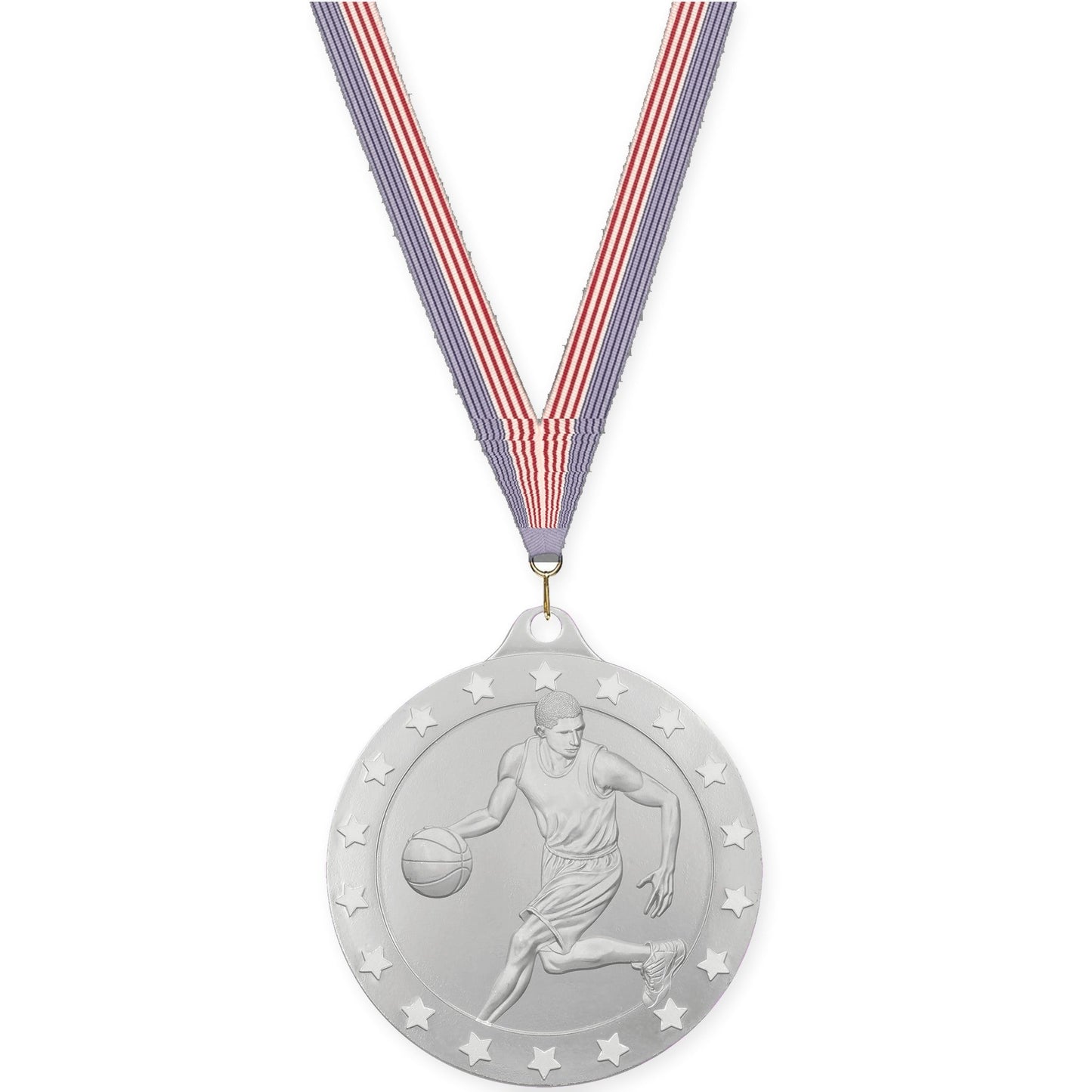 2 inch male basketball Radiance medal in silver with USA Flag neck ribbon
