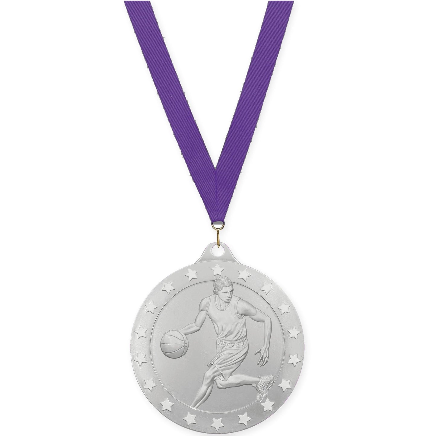 2 inch male basketball Radiance medal in silver with Purple neck ribbon