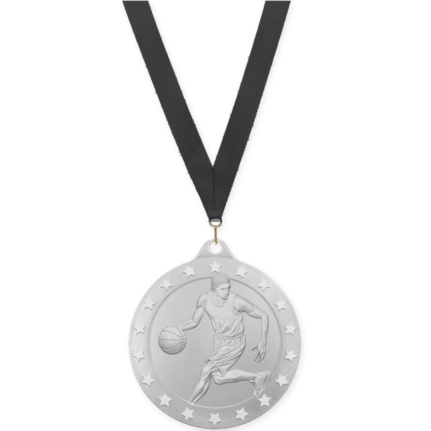 2 inch male basketball Radiance medal in silver with Black neck ribbon
