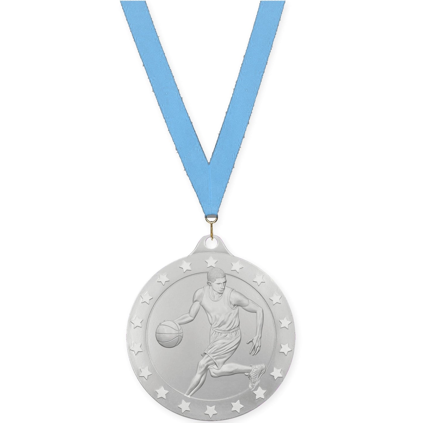 2 inch male basketball Radiance medal in silver with Light Blue neck ribbon