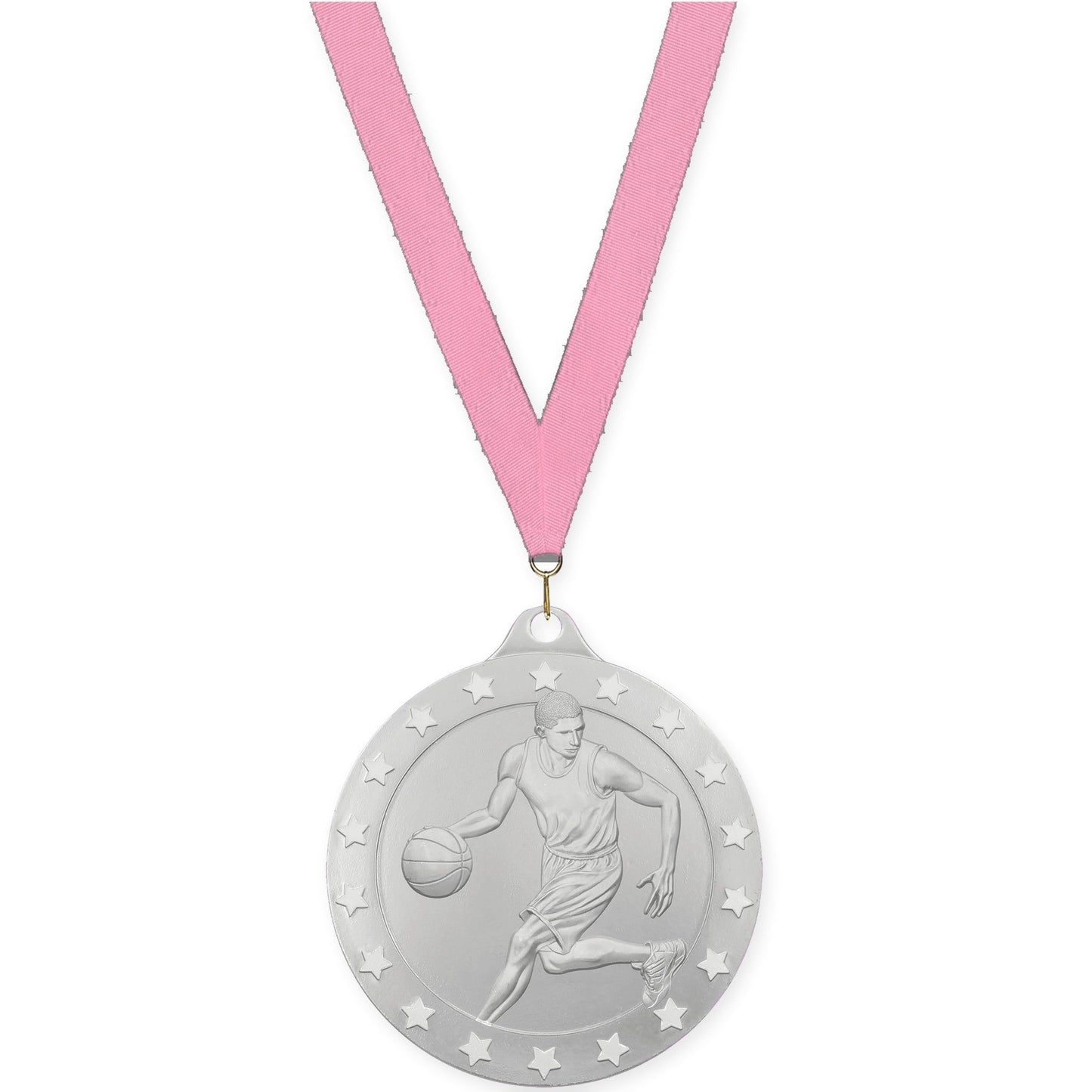 2 inch male basketball Radiance medal in silver with Pink neck ribbon