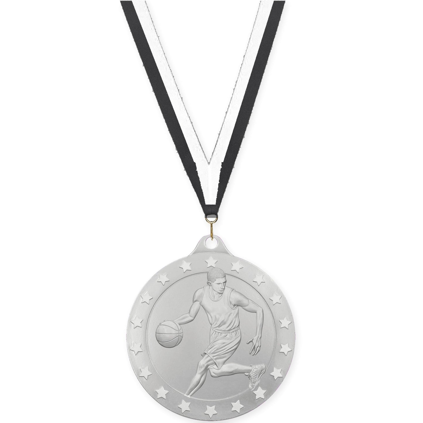 2 inch male basketball Radiance medal in silver with Black White neck ribbon