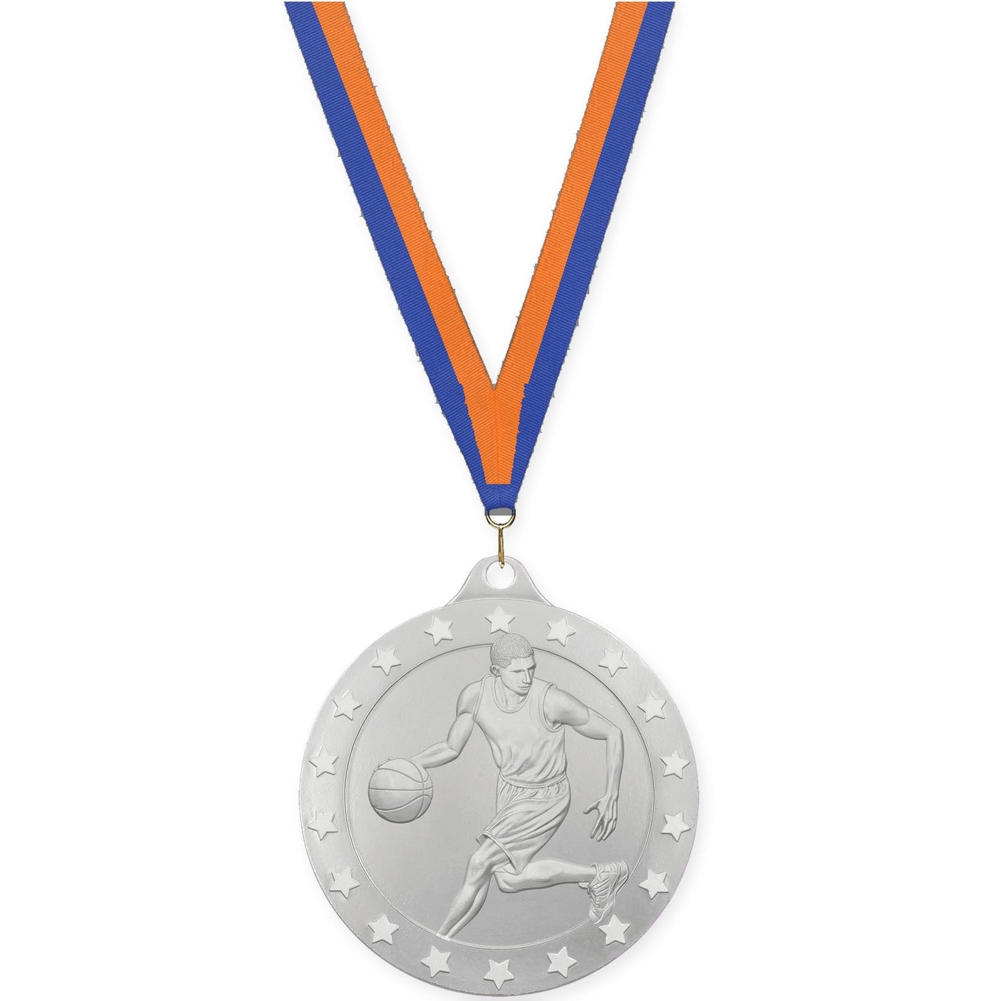 2 inch male basketball Radiance medal in silver with Blue Orange neck ribbon