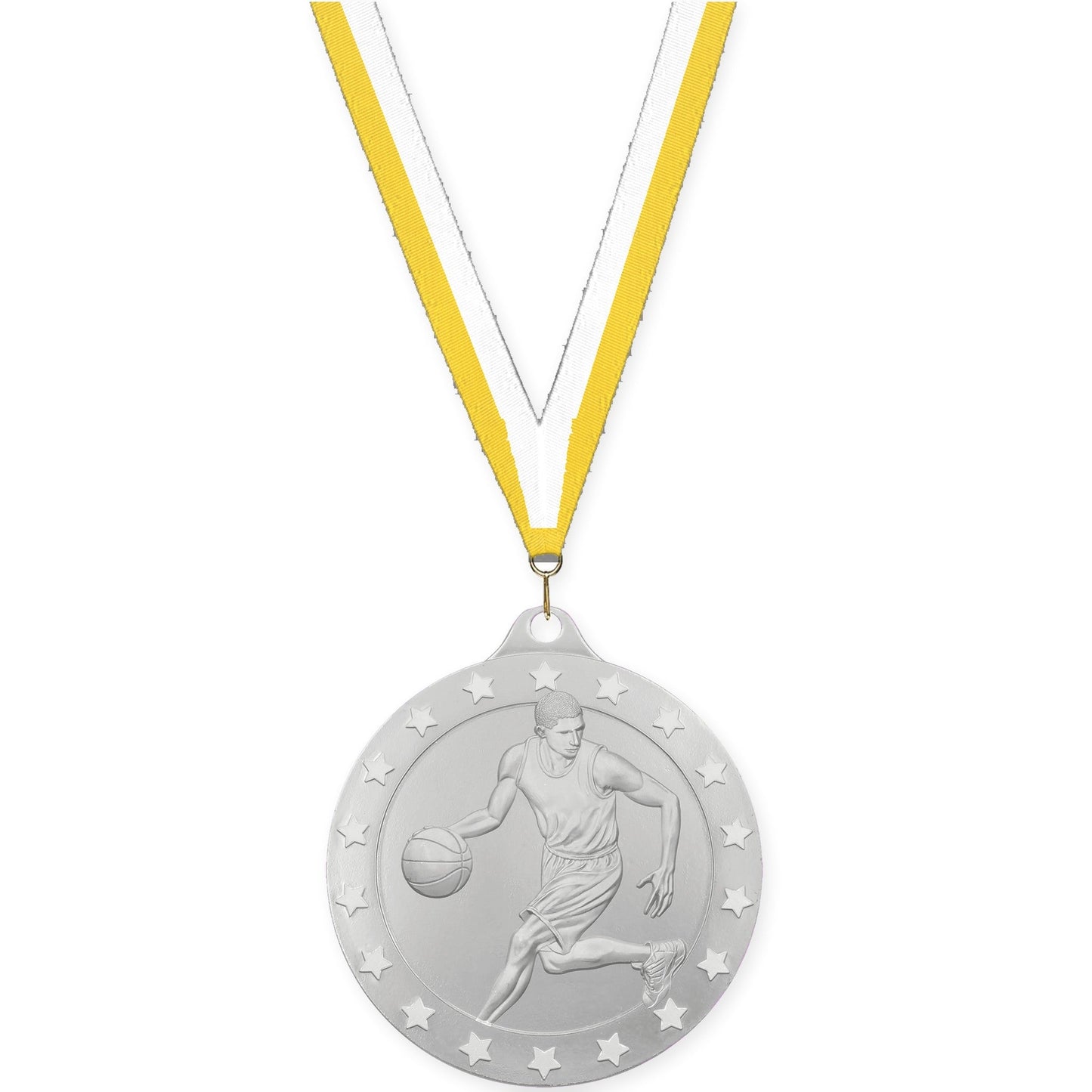 2 inch male basketball Radiance medal in silver with Yellow White neck ribbon