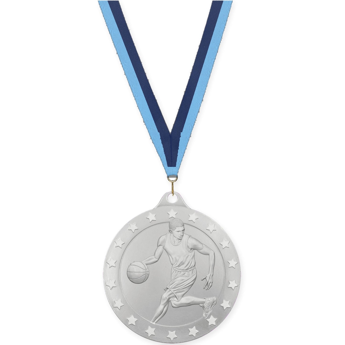2 inch male basketball Radiance medal in silver with Light Blue Navy neck ribbon