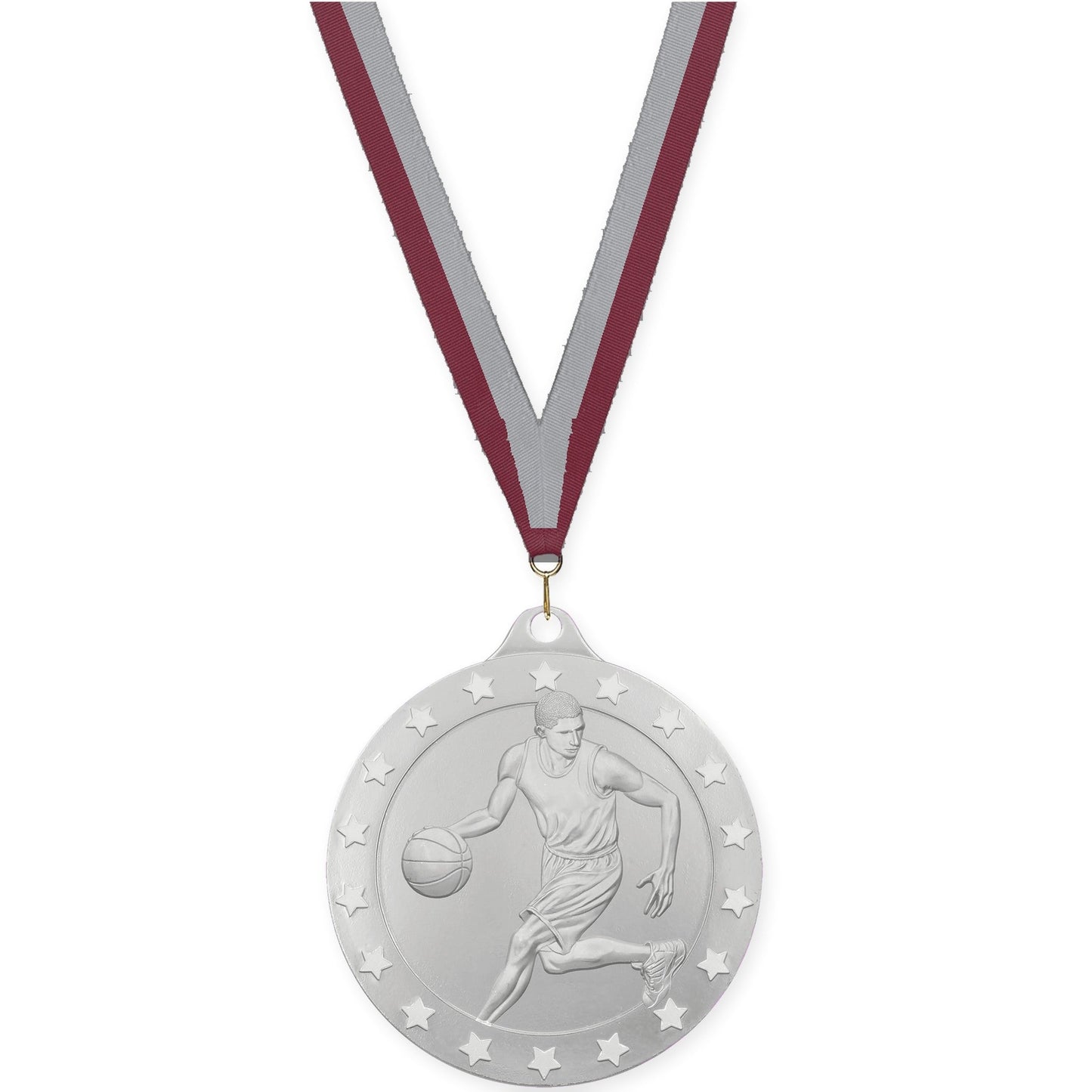 2 inch male basketball Radiance medal in silver with Maroon Gray neck ribbon
