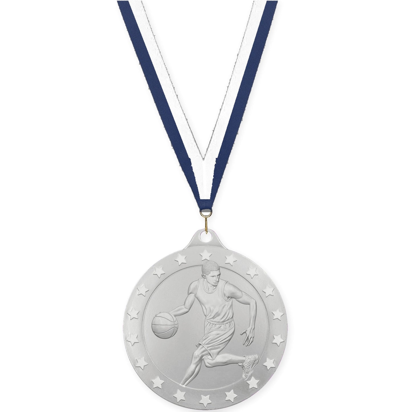 2 inch male basketball Radiance medal in silver with Navy White neck ribbon