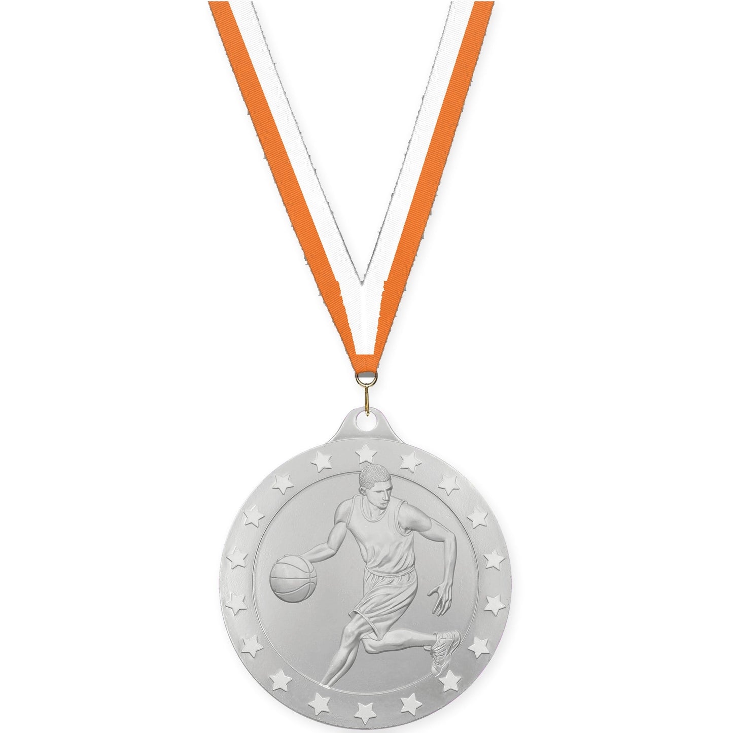 2 inch male basketball Radiance medal in silver with Orange White neck ribbon
