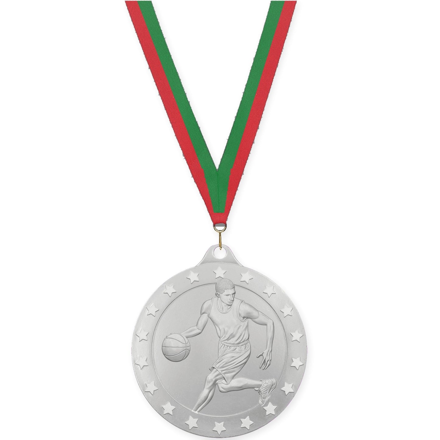 2 inch male basketball Radiance medal in silver with Red Green neck ribbon