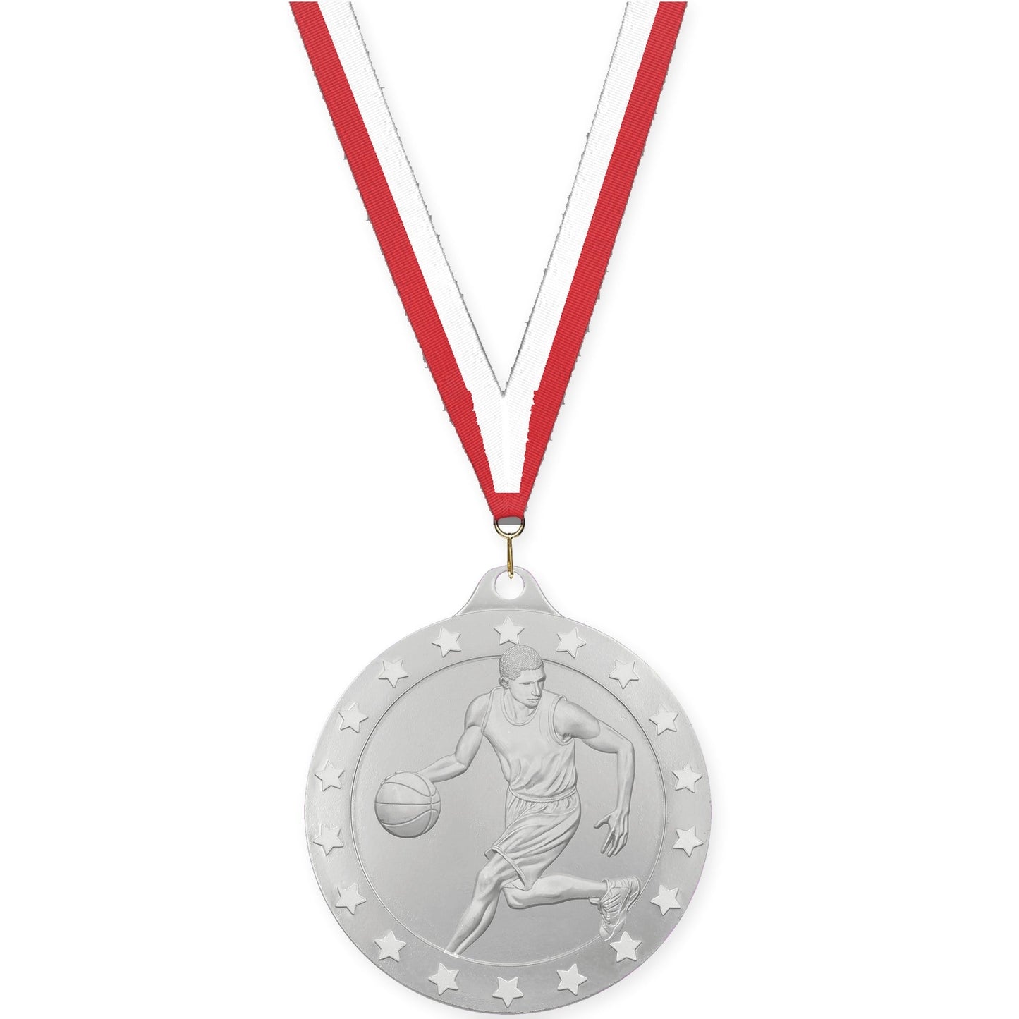 2 inch male basketball Radiance medal in silver with Red White neck ribbon