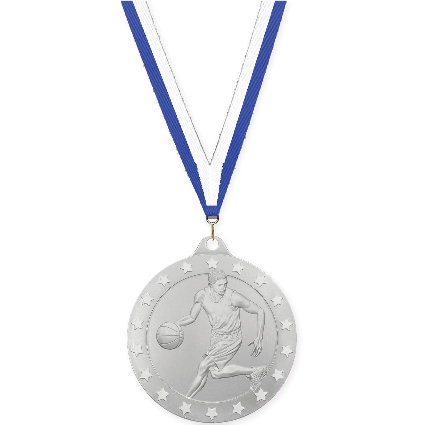 2 inch male basketball Radiance medal in silver with Blue White neck ribbon