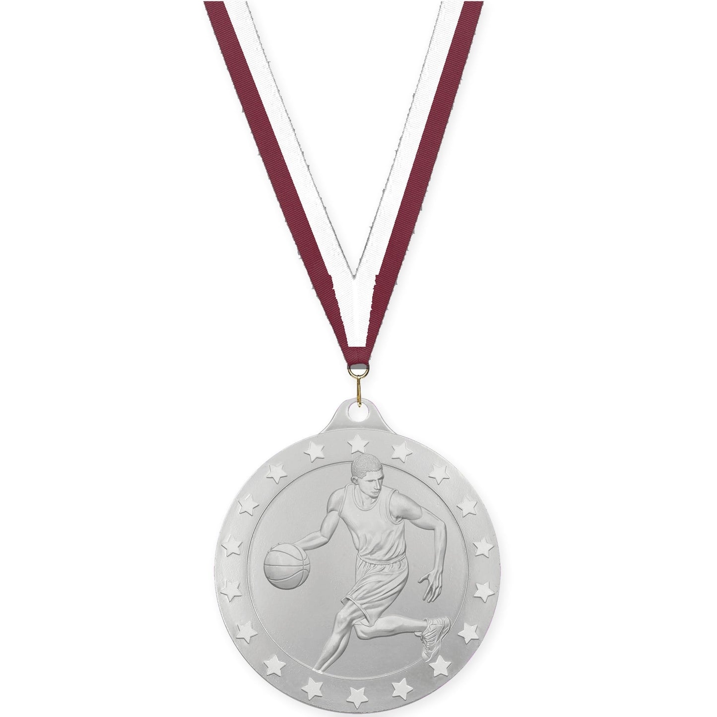 2 inch male basketball Radiance medal in silver with Maroon White neck ribbon