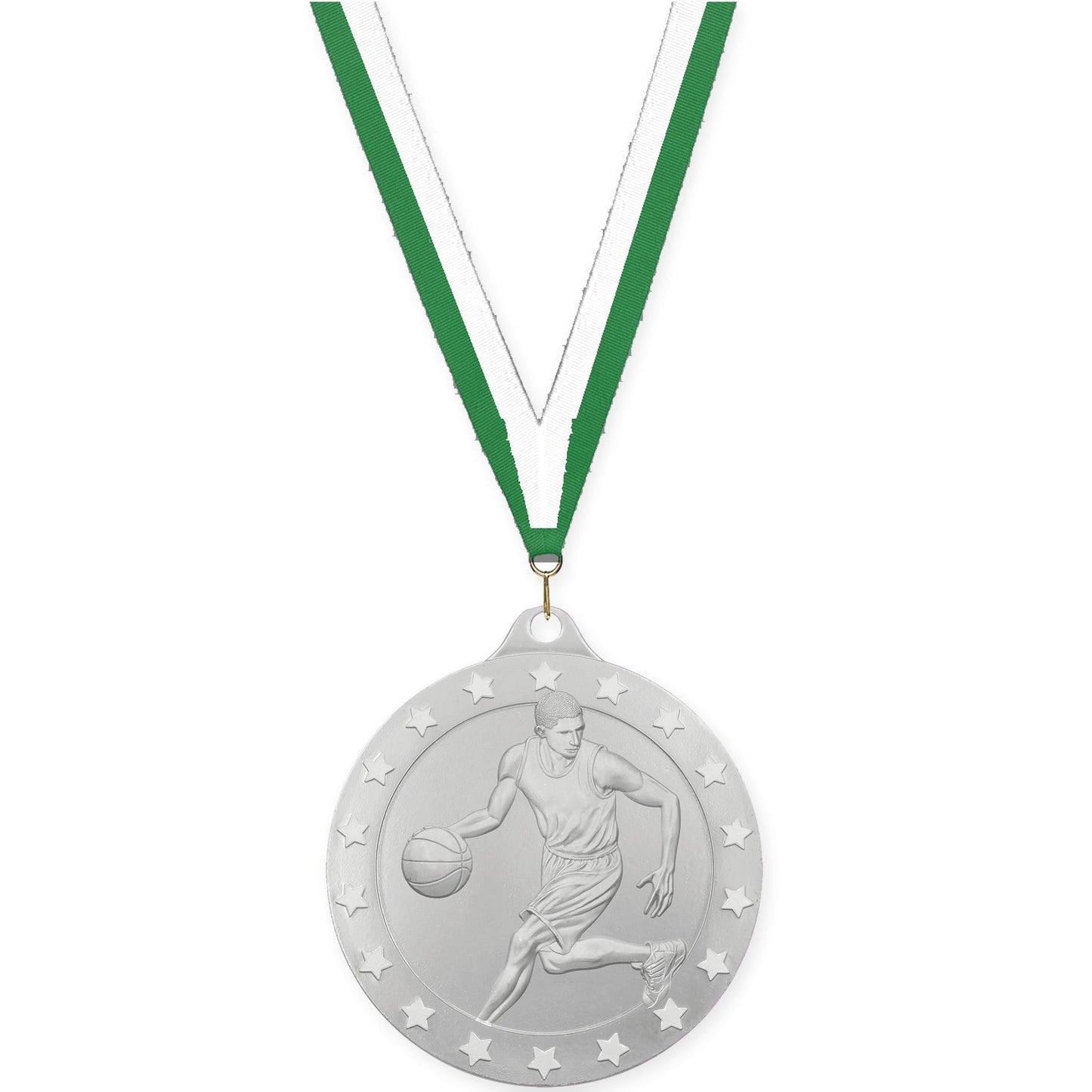 2 inch male basketball Radiance medal in silver with Green White neck ribbon