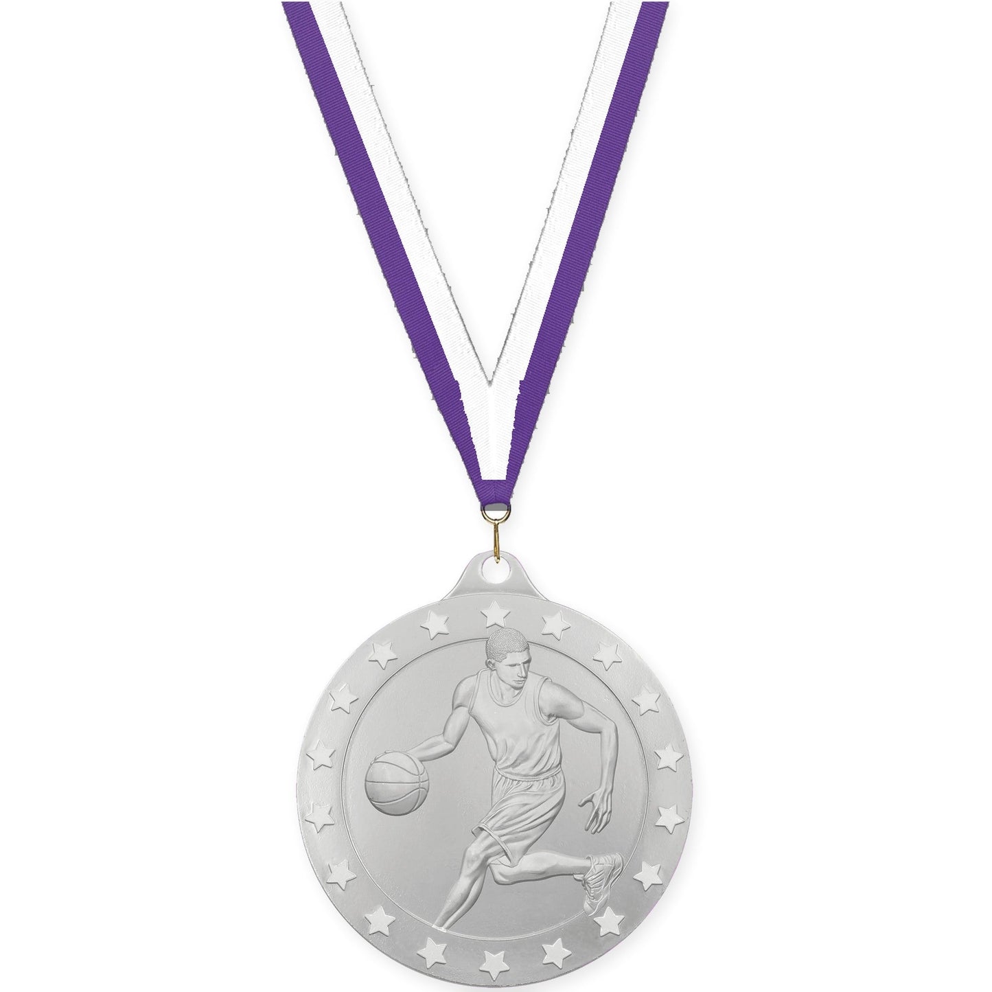 2 inch male basketball Radiance medal in silver with Purple White neck ribbon