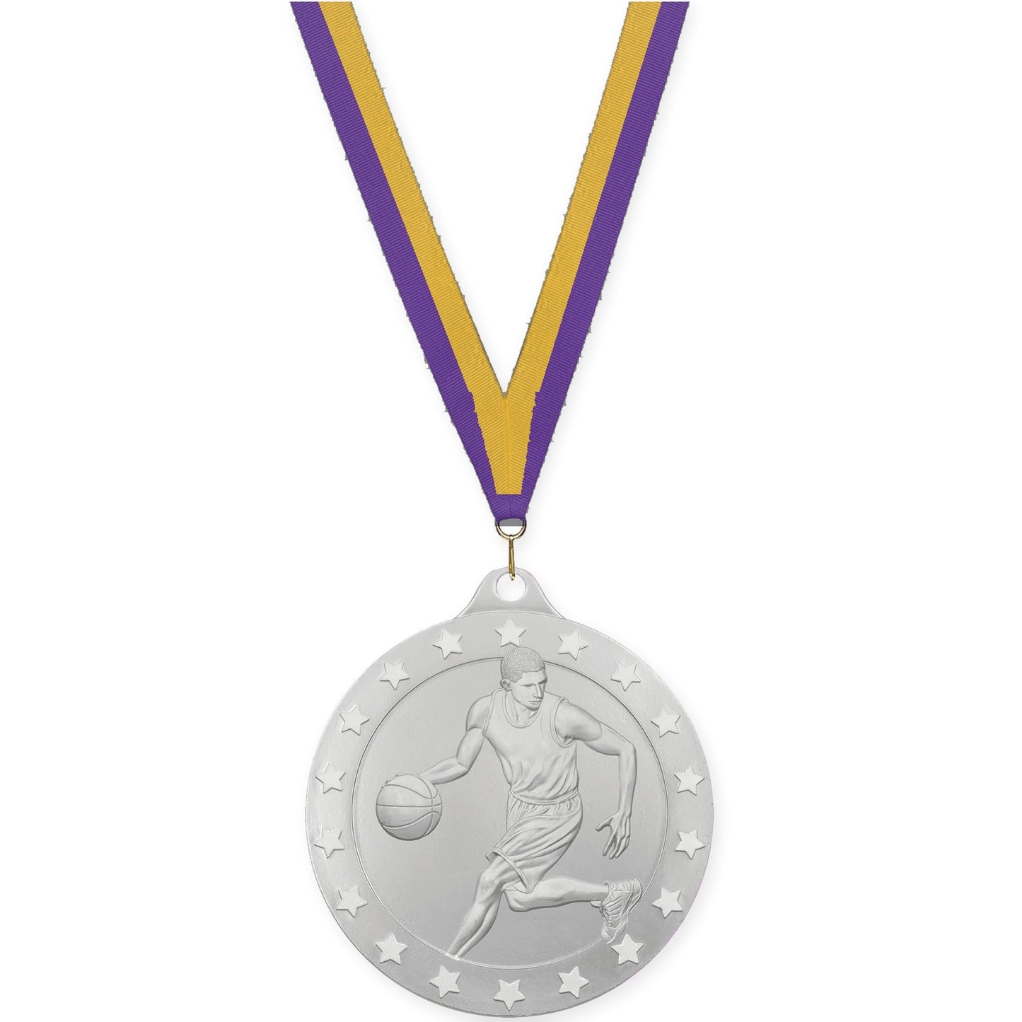 2 inch male basketball Radiance medal in silver with Purple Gold neck ribbon
