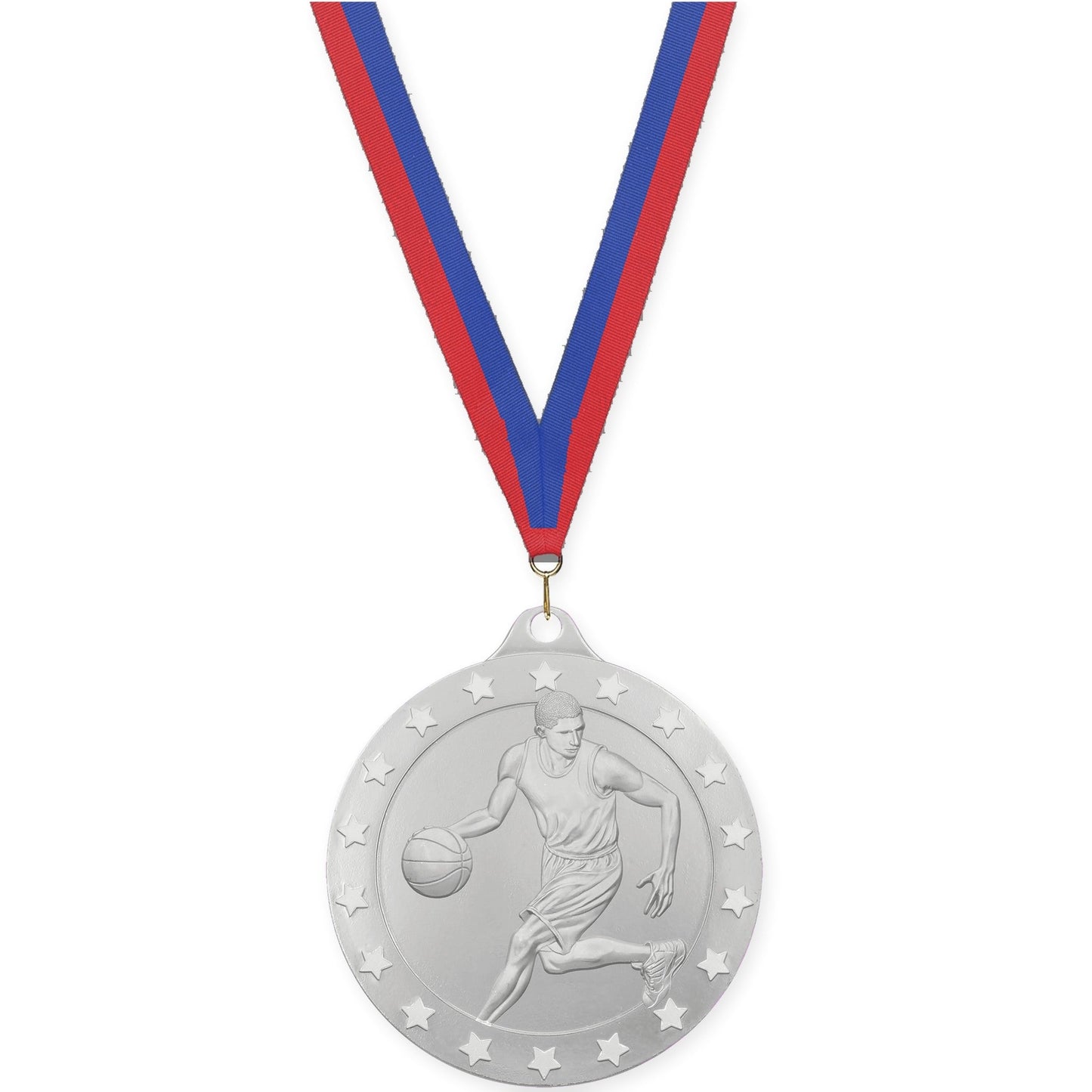 2 inch male basketball Radiance medal in silver with Blue Red neck ribbon