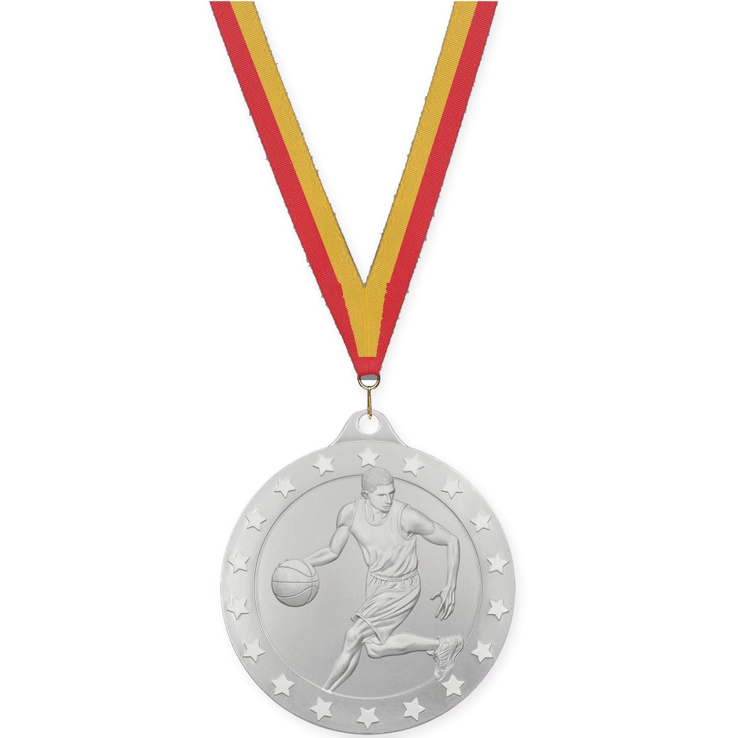 2 inch male basketball Radiance medal in silver with Red Gold neck ribbon
