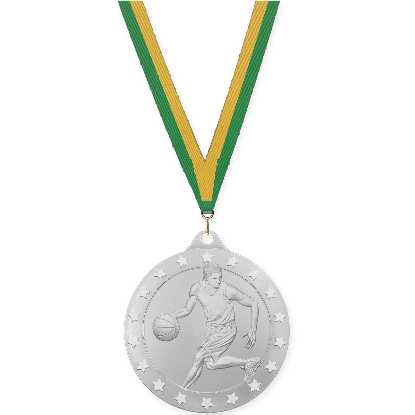 2 inch male basketball Radiance medal in silver with Green Gold neck ribbon