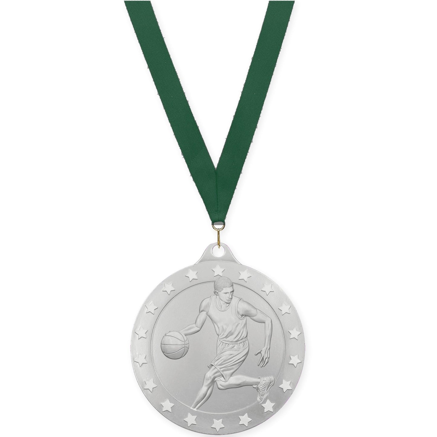 2 inch male basketball Radiance medal in silver with Hunter Green neck ribbon
